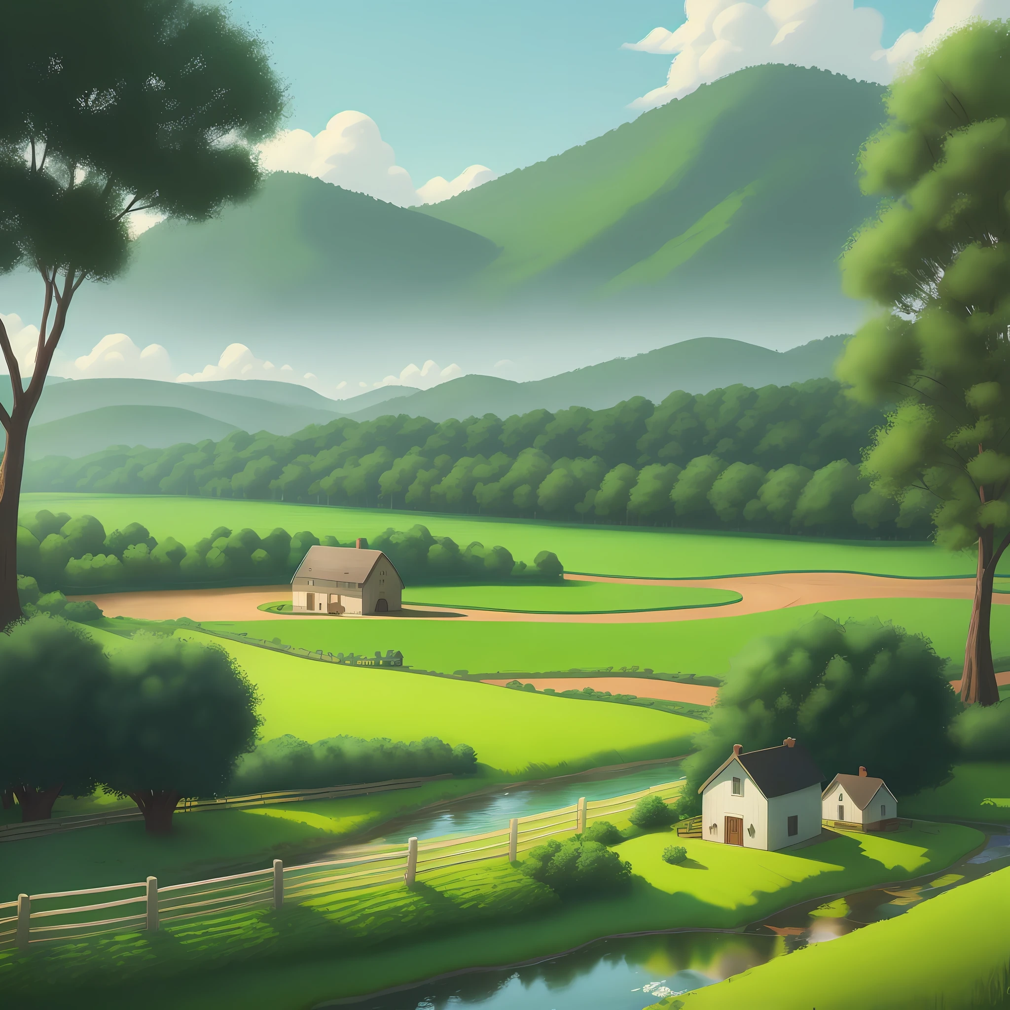 (Pixar 1.25 style) A small farmhouse, with white fences, green fields, a stream and a forest in the background