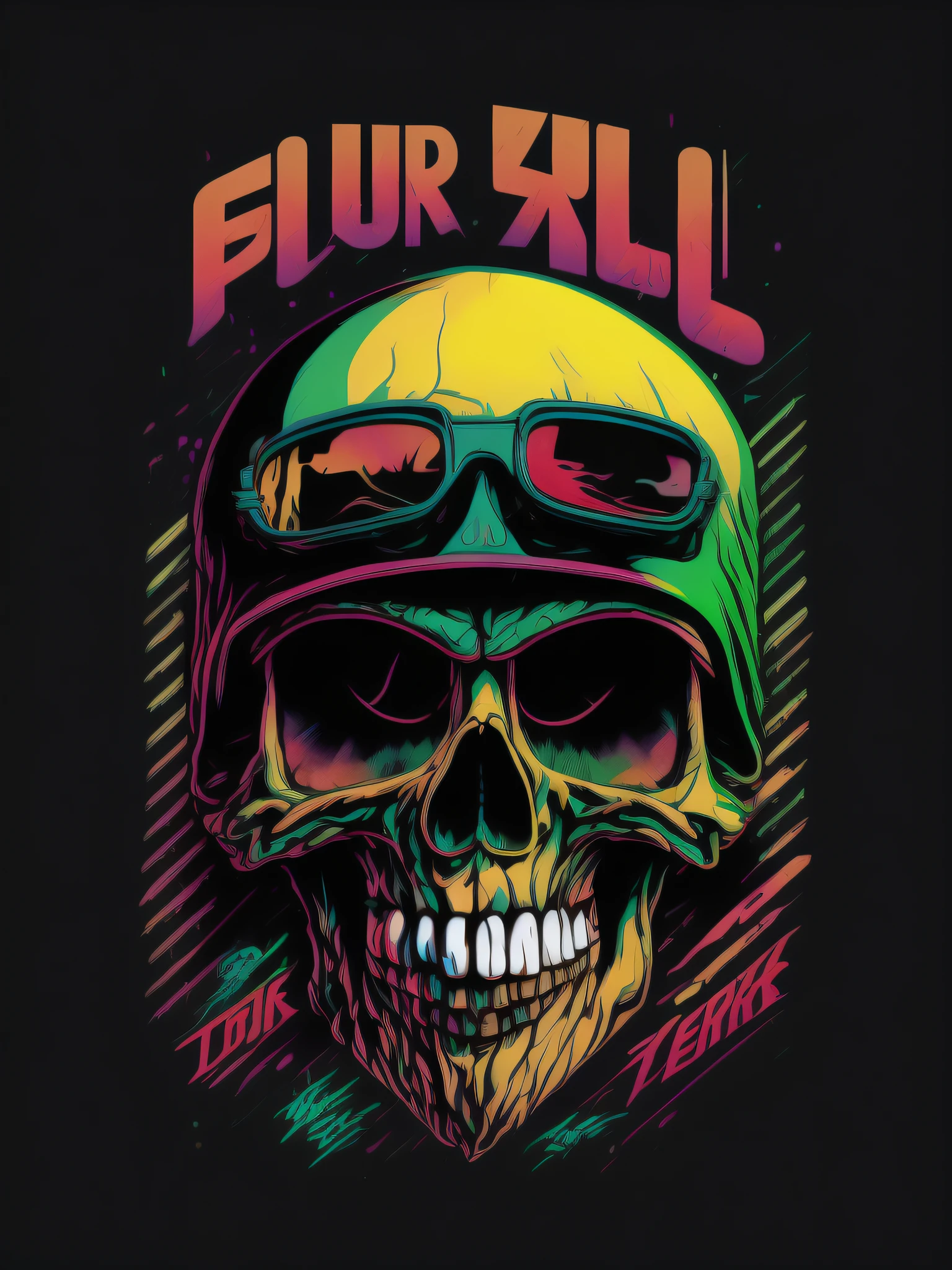 skull, skateboard, 80's vector image, T-shirt design, isolated, black background, yellow and red green illustration only with letters "TDR"