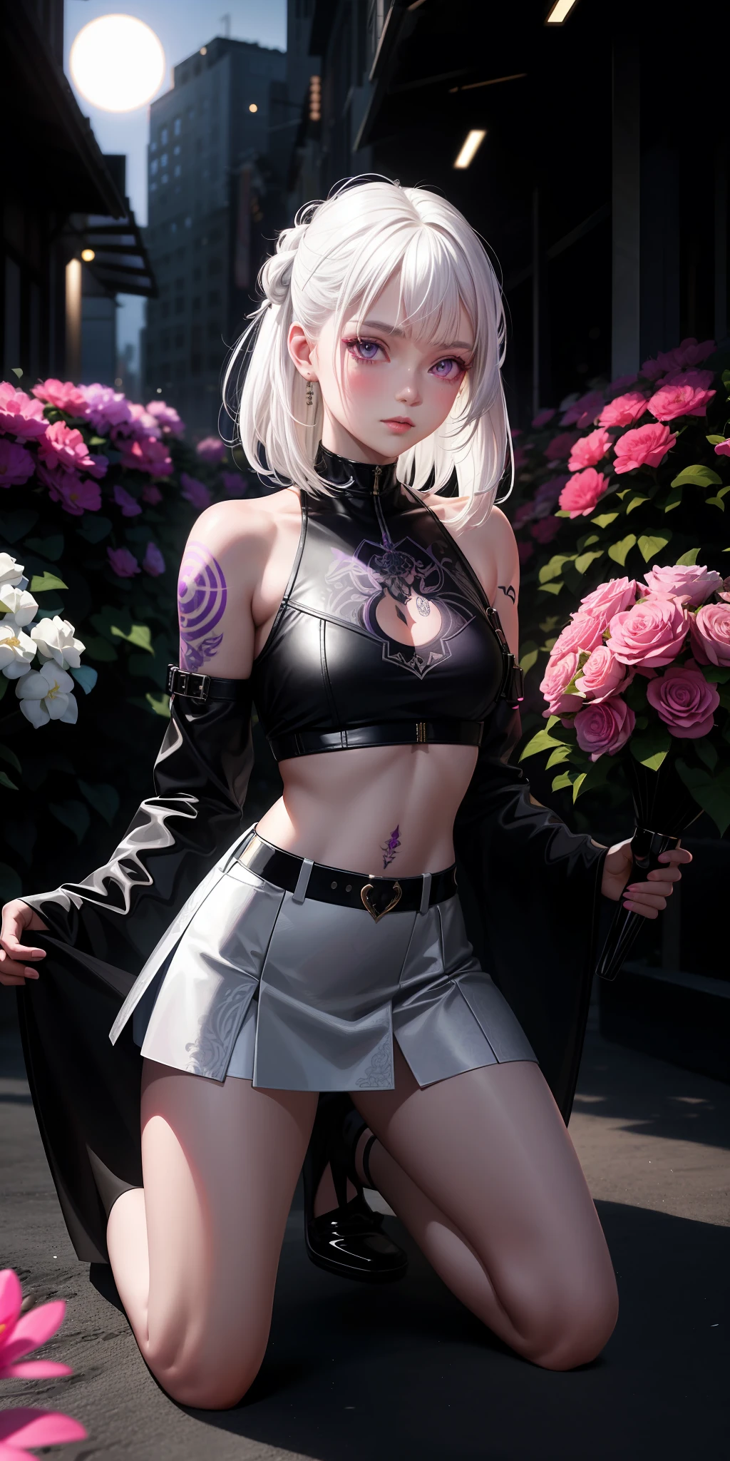 Realistic, 1girl, white hair, purple eyes, glowing eyes, cropped top, skirt, parted lips, blush, night, flowers, sun, sunlight, kneeling on the ground, facing the camera, black pattern tattoo, tattoo pattern spades, white clothes