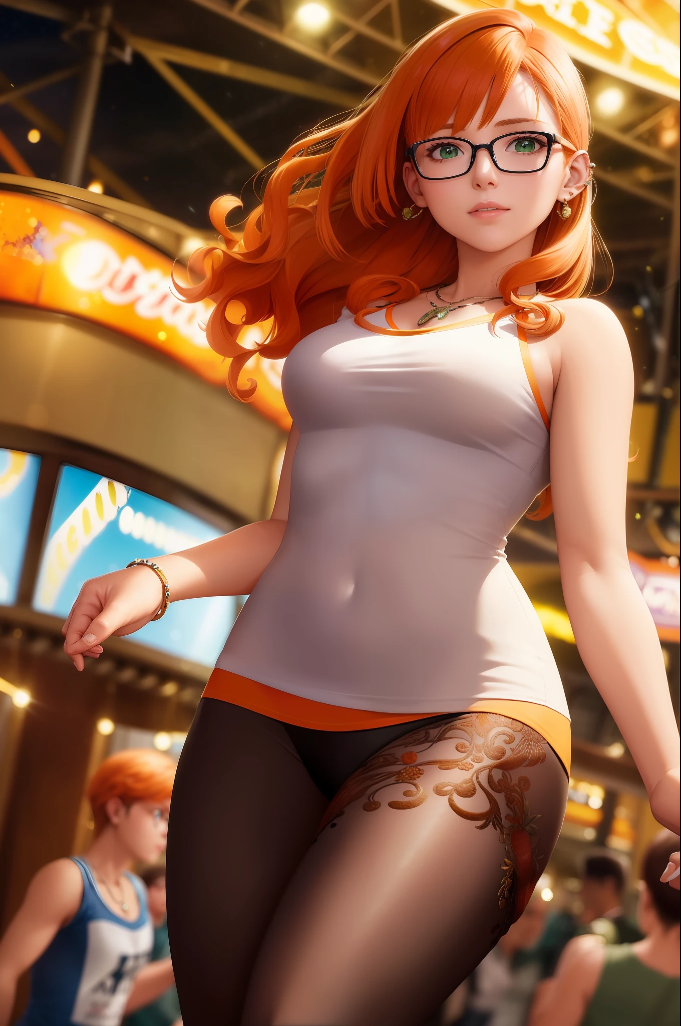 realistic, masterpiece, highres, (particles of brightness: 1.3), moonlight, lens flare, (cinematic light), illustration, amusement park, (crowd: 1.4), fireworks, [:(detailed face: 1.2): 0.2] , detailed, detailed clothes, (detailed background: 1.3), 1 female, 1 male, dynamic pose, 30 yo, (brunette man with curly hair), (woman with orange hair and green eyes. Wears glasses) lustrous skin, wearing white T-shirt, (ear piercing: 0.5), (necklace: 0.5), (looking at each other), romantic couple