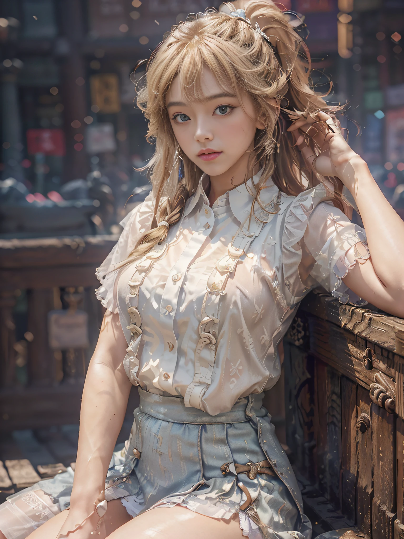 Realistic, Photorealistic: 1.37, Masterpiece, Colorful, Fine Indistat, Big, Beautiful Skin, Fair Skin, One Woman, (20 Year Old Beautiful Korean Woman: 1.1), (KPOP Idol, Mix), (Caucasian and Mixed), Ultra High Definition, (8k, RAW Photo, Best Quality, Masterpiece: 1.2), Rich Bust, Beautiful Eyes, (50mm Sigma f/1.4 Zeiss Lens, F1.2, 1/800 sec, ISO 100, Photo: 1.1), (Ponytail + Blonde: 1.2), (Realistic: 1.4), Bokeh, Sharp, (Photorealistic), Live Action, Solo, Best Quality, Very Beautiful Face, Very Beautiful Eyes, Beautiful Detailed Eyes, Floating Hair, (School Uniform, Sheer Light Shirt Blouse, Very Short Mini Skirt, Pleated Skirt, White panties, thin, super beautiful legs, tall, slim legs, (thigh gap), (panties), (model: 1.2), smile from the front: 1.1, dynamic pose, (makeup: 1.2), sitting --auto --s2