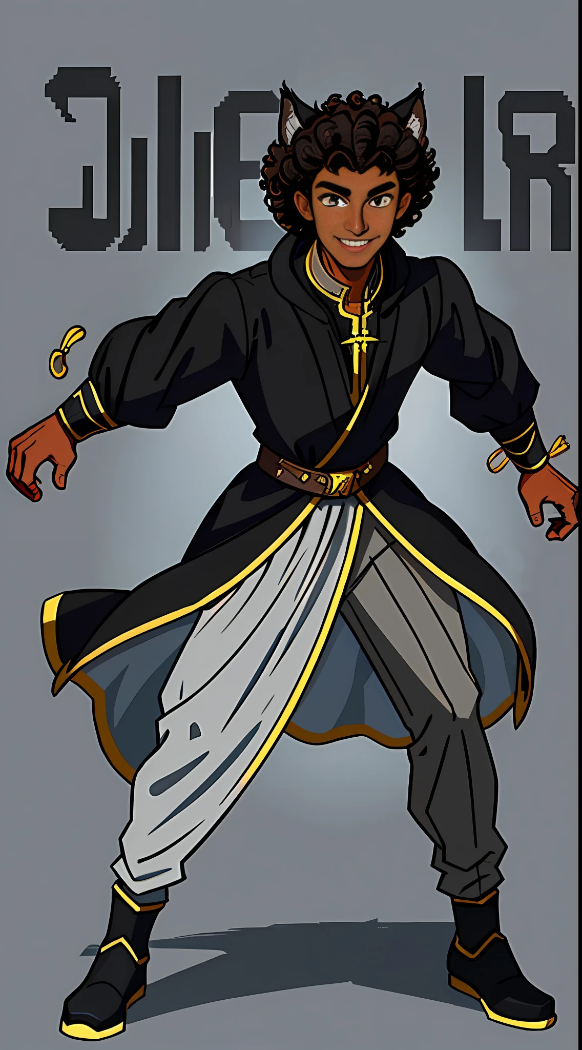 A dark-skinned young black man with a black robe medieval clothes and lynx ears, he has curly curly curly curly brown hair and lynx ears, he has lynx ears, full body, whole body standing in battle pose, grey transparent background, ((full body)), full body illustration, attack pose, amusing countenance, smile, pixel art, style pixel