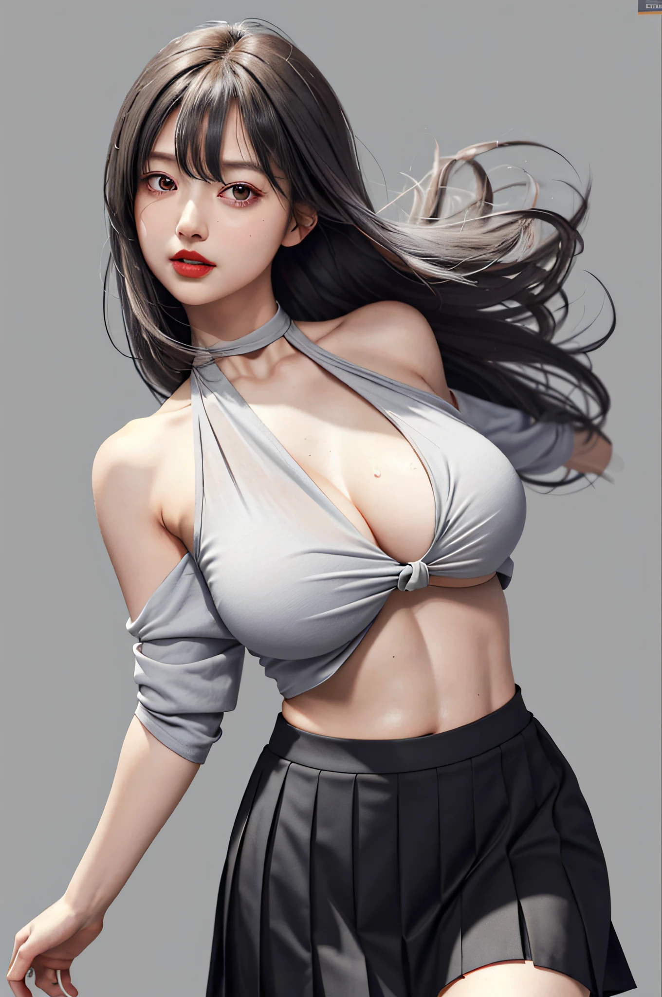 girl, bangs, bare shoulders, black pleated skirt, breasts, breasts squeezed together, gray background, hair between eyes, long hair, view viewer, pleated skirt, parted lips, red eyes, wrinkled shirt, simple background, open, shirt, solo, high neck tie, V-arms, gray hair, (shiny skin), (masterpiece: 1.4), (best quality: 1.4) ,,, Facigirl, red lips, perfect abs, navel, (:1.5), (transparent areola), , huge, sweat,