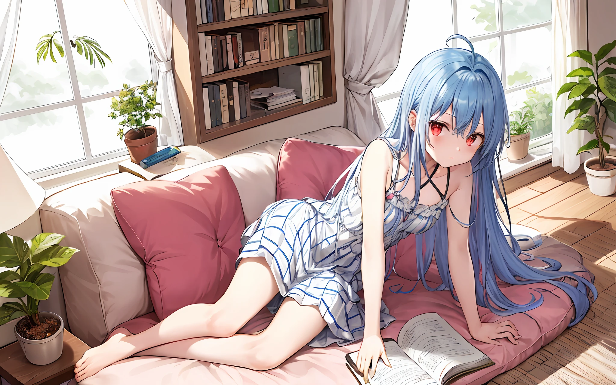 [(white background:1.5)::5],(Isometric:1.3),(masterpiece,best quality:1.2),(highres:1.1),(Highest picture quality),(master's work),facing viewer,dynamic angle,sky,cloud,
living room, couch, window, curtains, dappled sunlight, potted plant, table, cabinet,bookshelf, paper, desk lamp, typewriter, garden,
(1loli,solo focus:1.2),cute,ornament,(jewelry:0.75),(blush:0.9),(strap:0.9),barefoot,
ahoge,(disheveled hair,long hair,ruby hair,blue colored inner hair,shiny hair,shiny skin:1.1),
