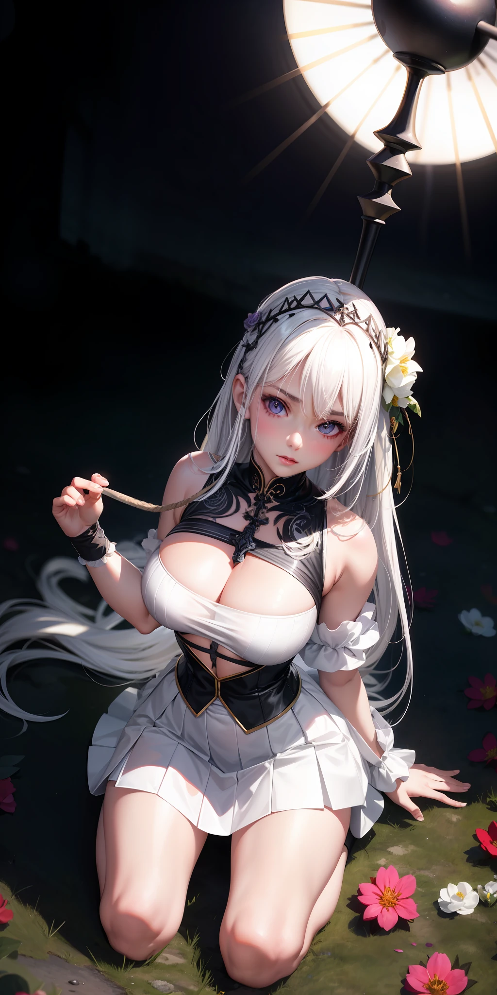 Realistic, 1girl, white hair, purple eyes, glowing eyes, cropped top, skirt, parted lips, blush, night, flowers, sun, kneeling on the ground, facing the camera, black pattern tattoo, white translucent wedding dress, perfect proportions, sexy body, beautiful tiara, light blue eyes, hands behind you, seductive pose, rope tied to wrists, rope through chest