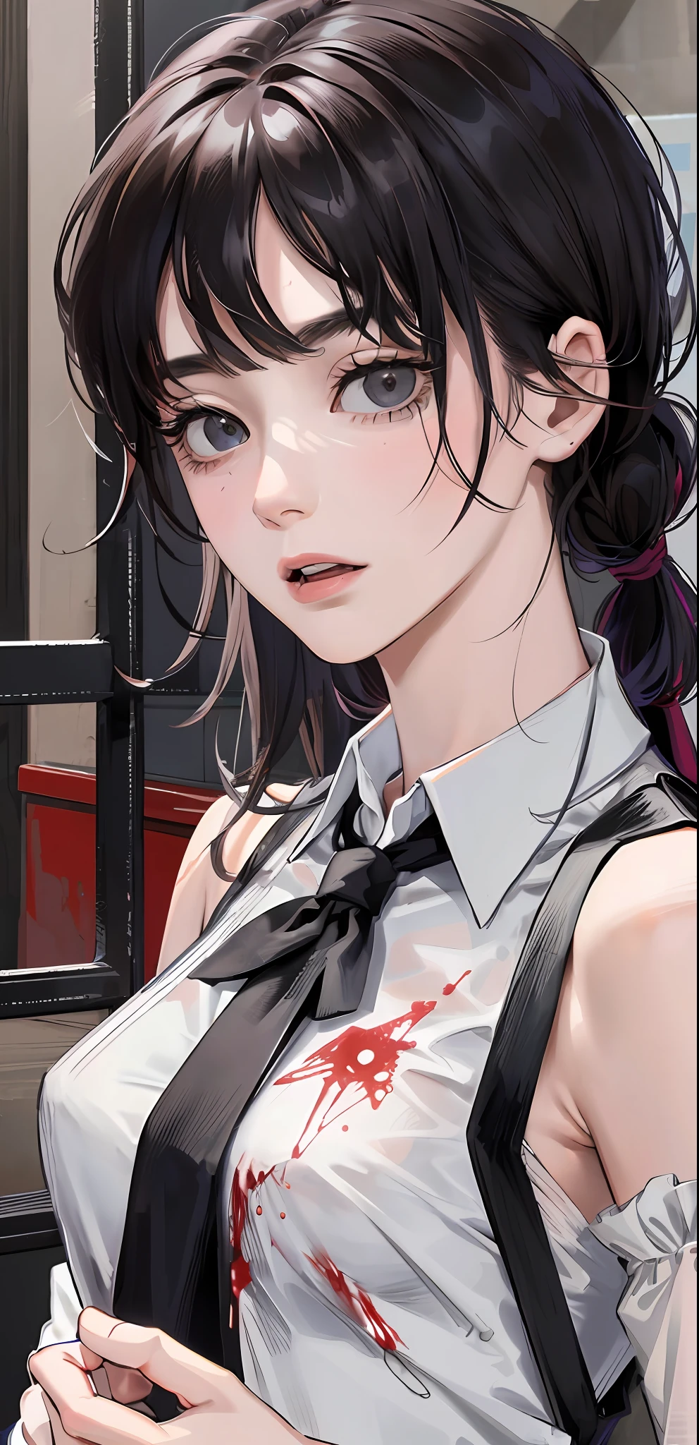 ((masterpiece, best quality)), (1girl), (solo), (female focus), Asa Mitaka \(chainsaw man\),(very detailed face, real image, realistic skin, realistic body, intricate details), upper body, dark eyes, bandages over the body, black hair, far sleeve shirt, pinaforee dress, black tie, bandages, blood, bandages, bandages, blood, blood, small breasts, classroom, students, Blur background