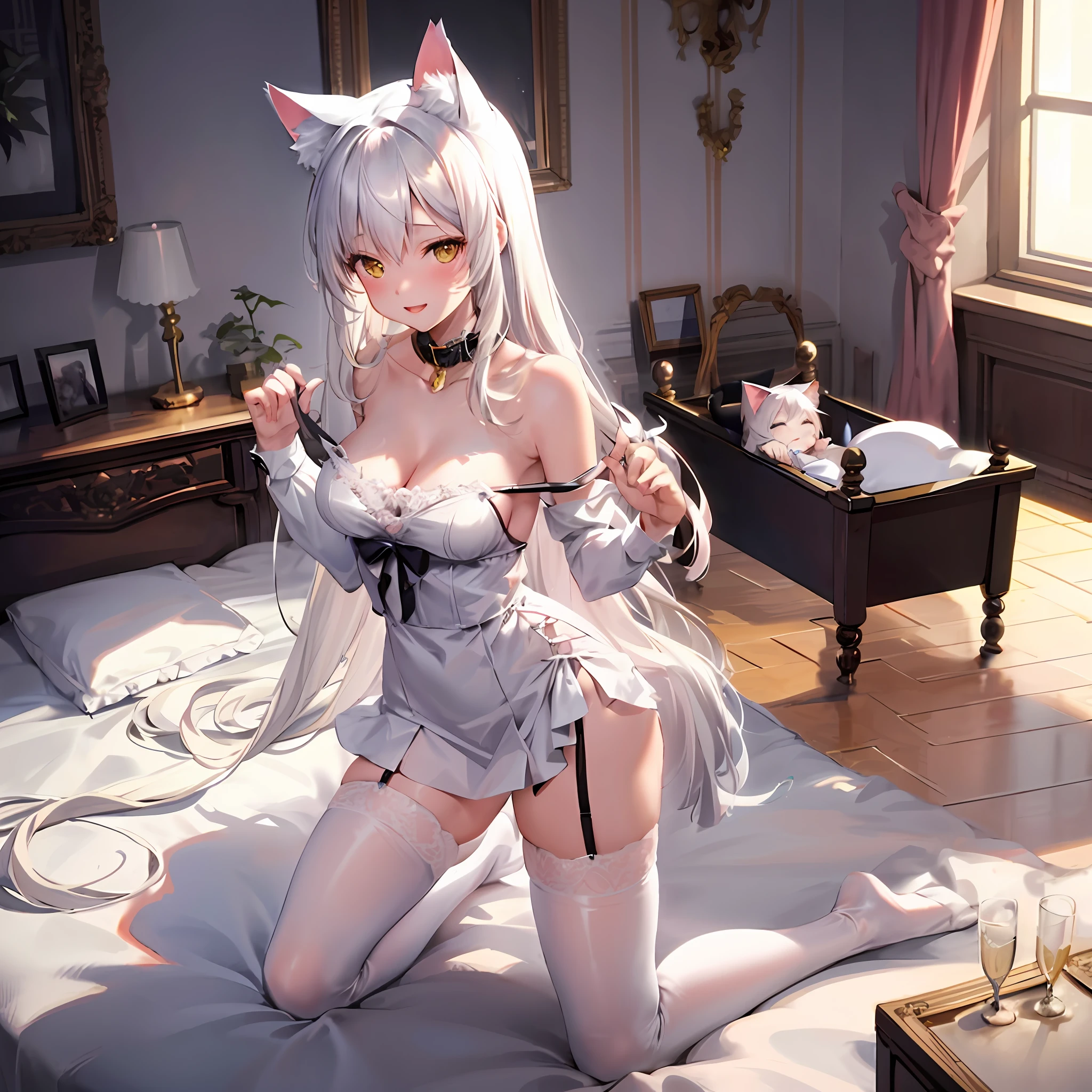 anime - style image of a woman in a sexy lingerie on a bed, white cat girl, very beautiful anime cat girl, attractive cat girl, beautiful anime catgirl, guweiz on artstation pixiv, guweiz on pixiv artstation, seductive anime girl, very beautiful cute catgirl, cute anime catgirl