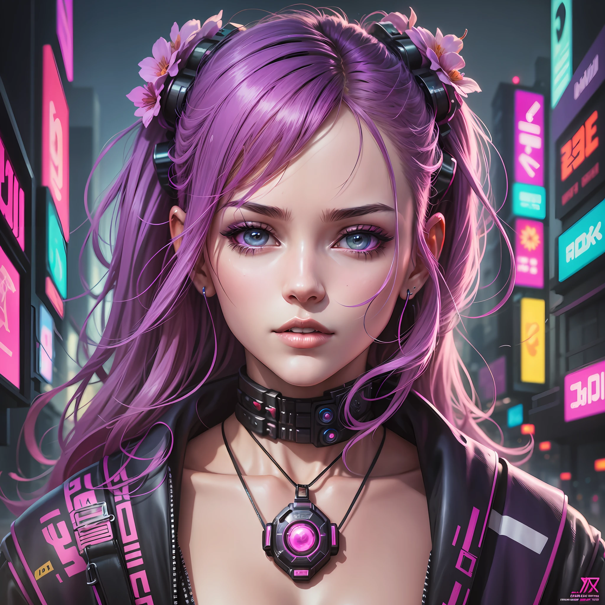 a closeup of "a woman with a real flower in her hand", innovative, surprising and striking digital cyberpunk anime art, dreamy cyberpunk girlvery explosive, neon cyberpunk art style, futuristic art style, digital cyberpunk - anime art, cyberpunk girl portrait, advanced digital cyberpunk art, cyberpunk themed art, beautiful cyberpunk girl face,  cyberpunk art style, highly detailed 4k digital art, cyberpunk digital painting, cyberpunk anime art