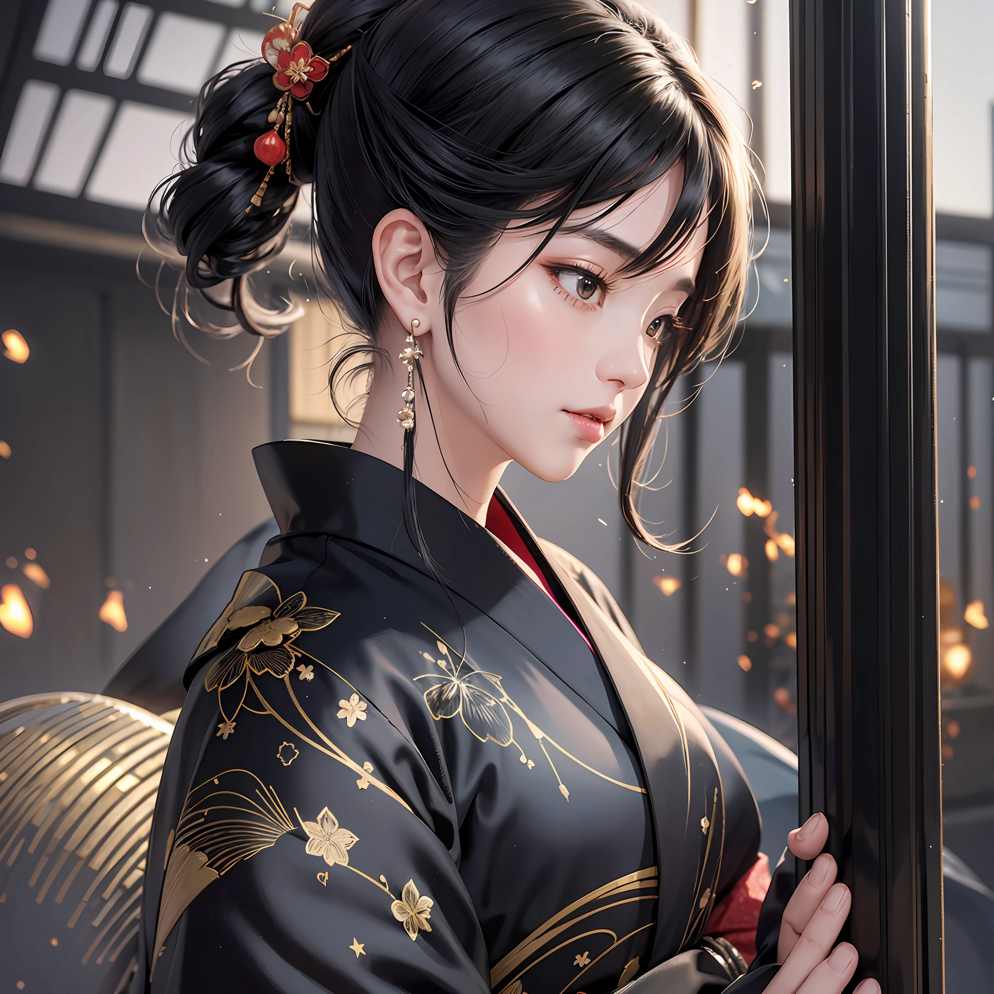 Japan, beauty, black kimono, japanese style, black hair, raked up hairstyle, earrings, realistic, 8K high resolution, super detail, high quality texture, intricate detail, very detailed CG, high quality shadows, details beautiful delicate face, ray tracing, sideways, upper body only, profile, looking far away, fireflies flying background, hazy background --auto --s2