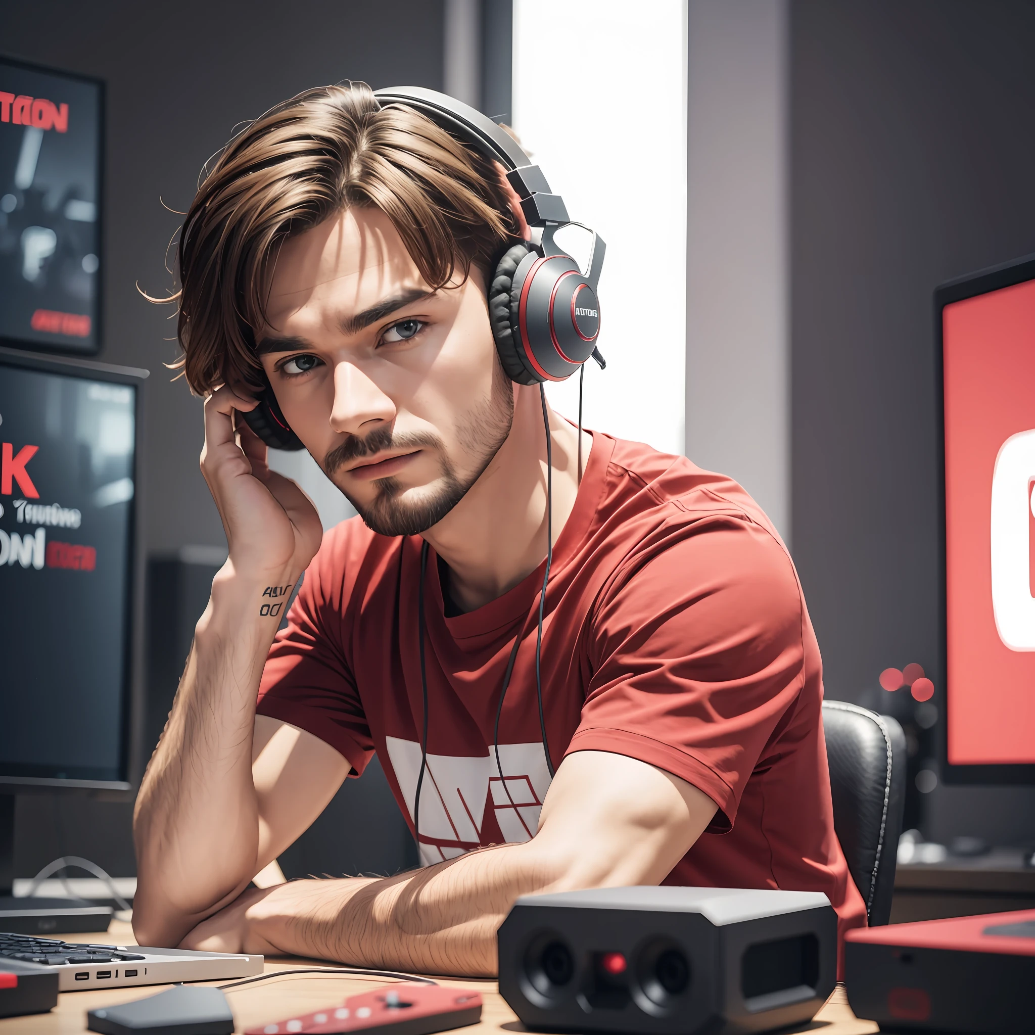 a Hansome man sitting on top of a table next to a camera, trending artstayion, youtube thumbnail, clean background trending, youtube video screenshot, alamy stock photo, havrylo pustoviyt, trending on artisation, remove duplicate content!!!!, faved watched read, Hyperrealistic, 8k, Highly detailed, real skin, octane render, Red T shirt, Wearing Headphones, Gaming pc background, Cameras in background