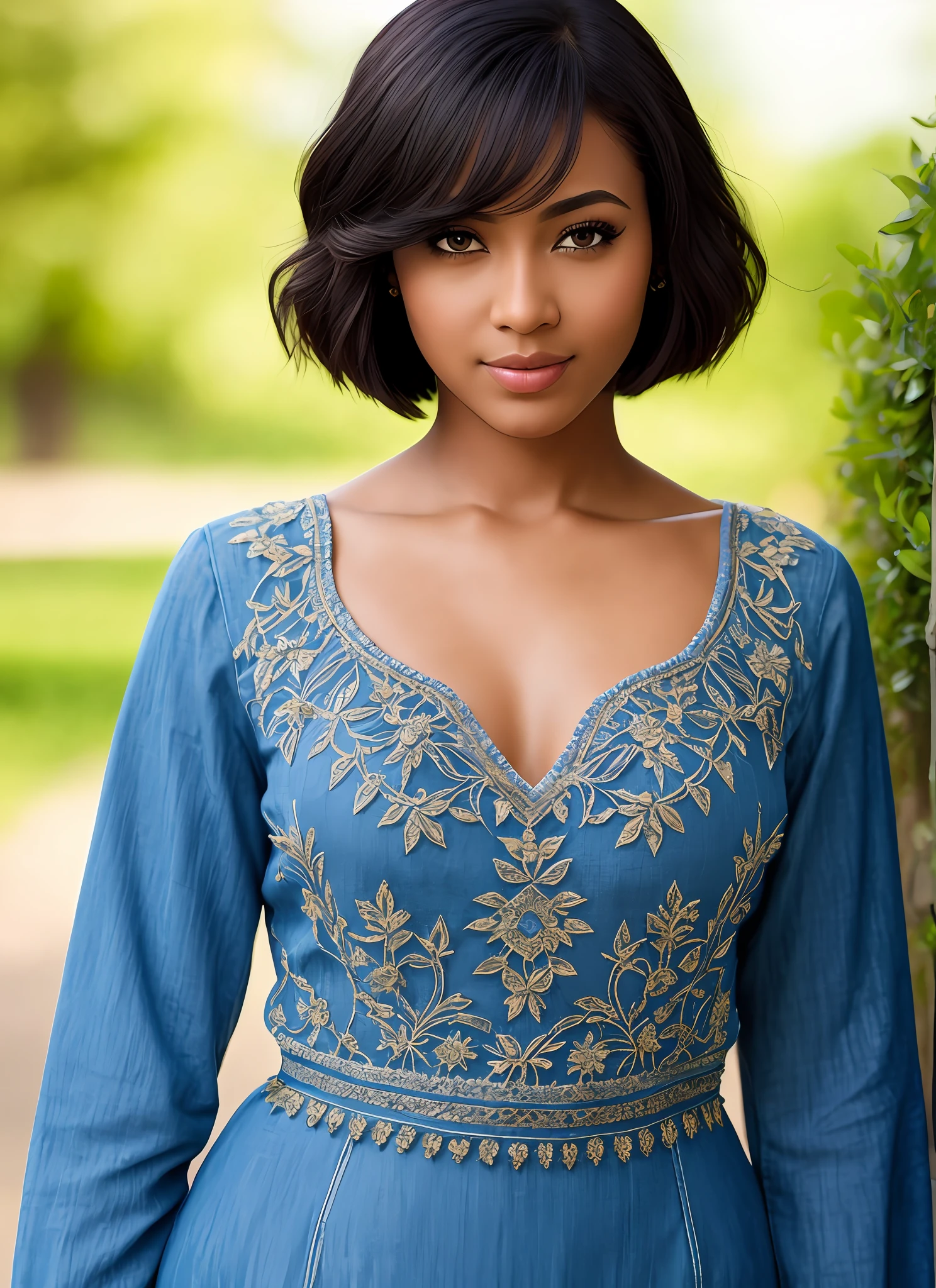(masterpiece, best quality, high quality, highres: 1.4), detailed, extremely detailed, 4K, perfect eyes, dark-skinned female, bob cut, classic outfit, solo, detailed face, ultra detailed eyes, looking at the viewer, upper body, day, blue sky, sunbeam, (bokeh, UHD, HDR, highres, ultra detailed, intricate details, textural effects, masterpiece, 8K:1.2),