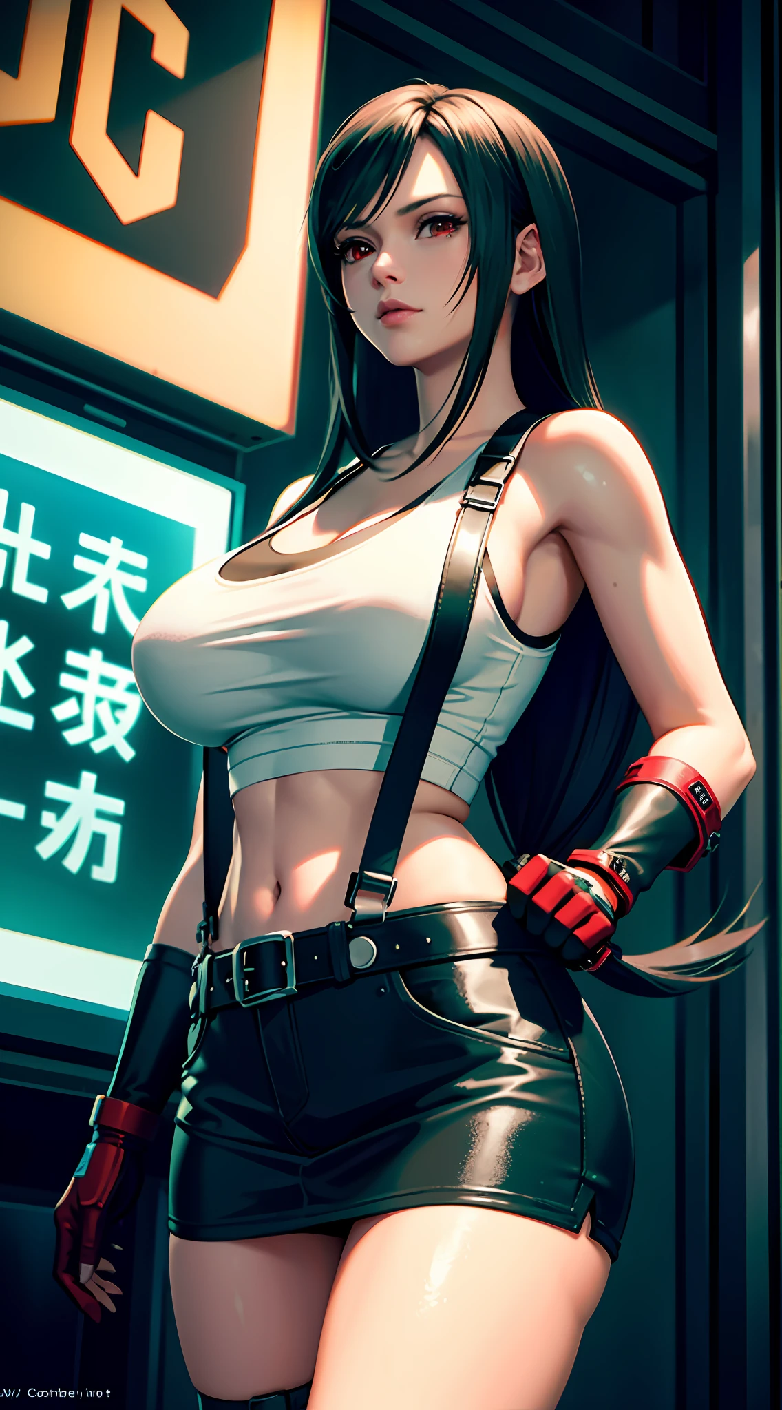 Tifa lockhart, tifa_lockhart, ff7, sultry face, (white tank top:1.2), black latex miniskirt, (black long hair), hair bangs (red eyes:1.3) long eyelashes, beautiful red eyes with brightness, surrealism, shadow, stereogram, (photorealistic, realistic: 1.2), POV, atmospheric perspective, cinematic lighting, ray tracing, 8k, super detail, best quality, masterpiece, well detailed, (Canan EOS R6, 135mm, 1/1250s, f/2.8, ISO 400:0.9), cyberpunk, neon, neon signs, ramen shops, (huge breasts) elbow length gloves, dark red combat gloves, belt, suspenders,