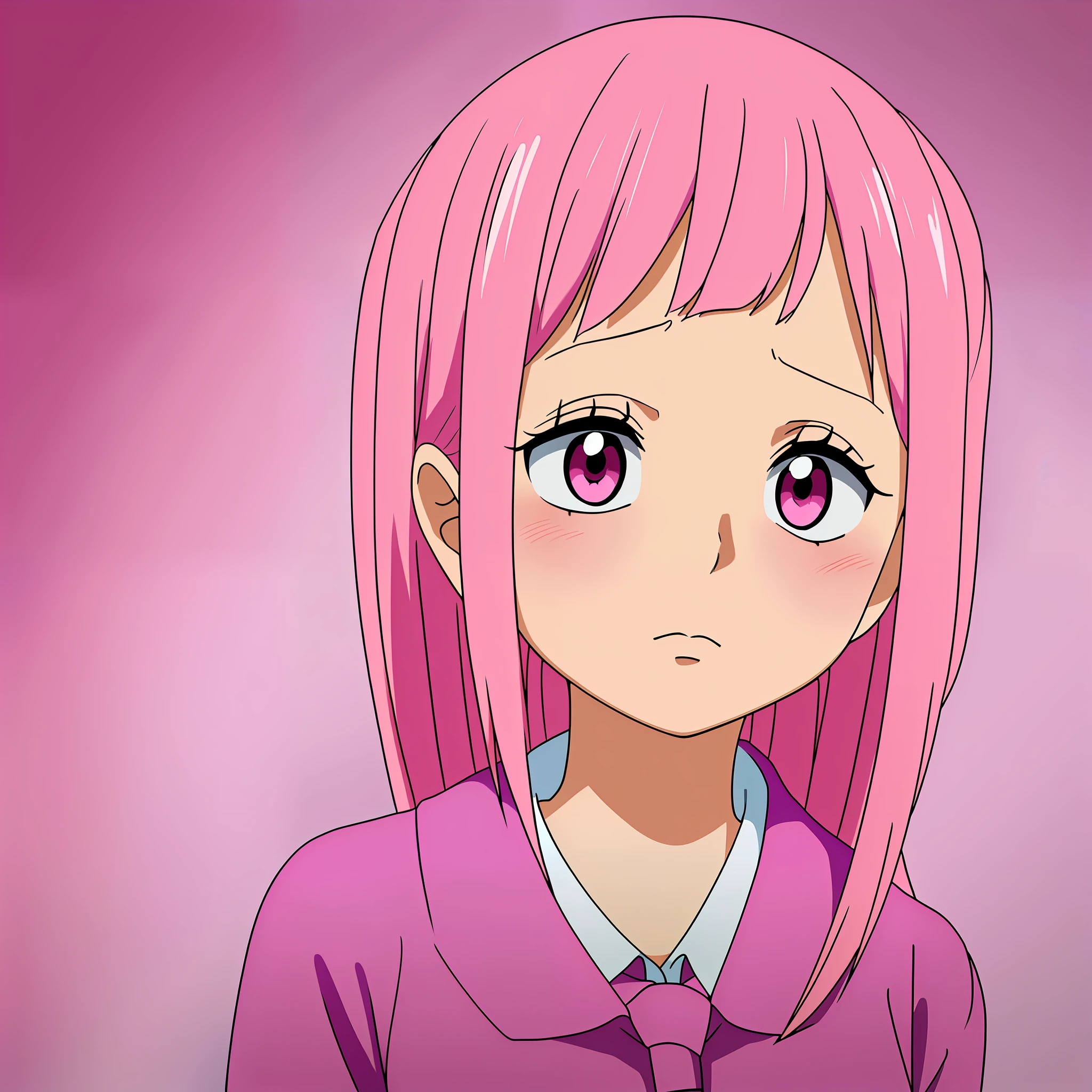 Anime girl with pink hair in pink tie, pink eyes, shy blush, wanostyle