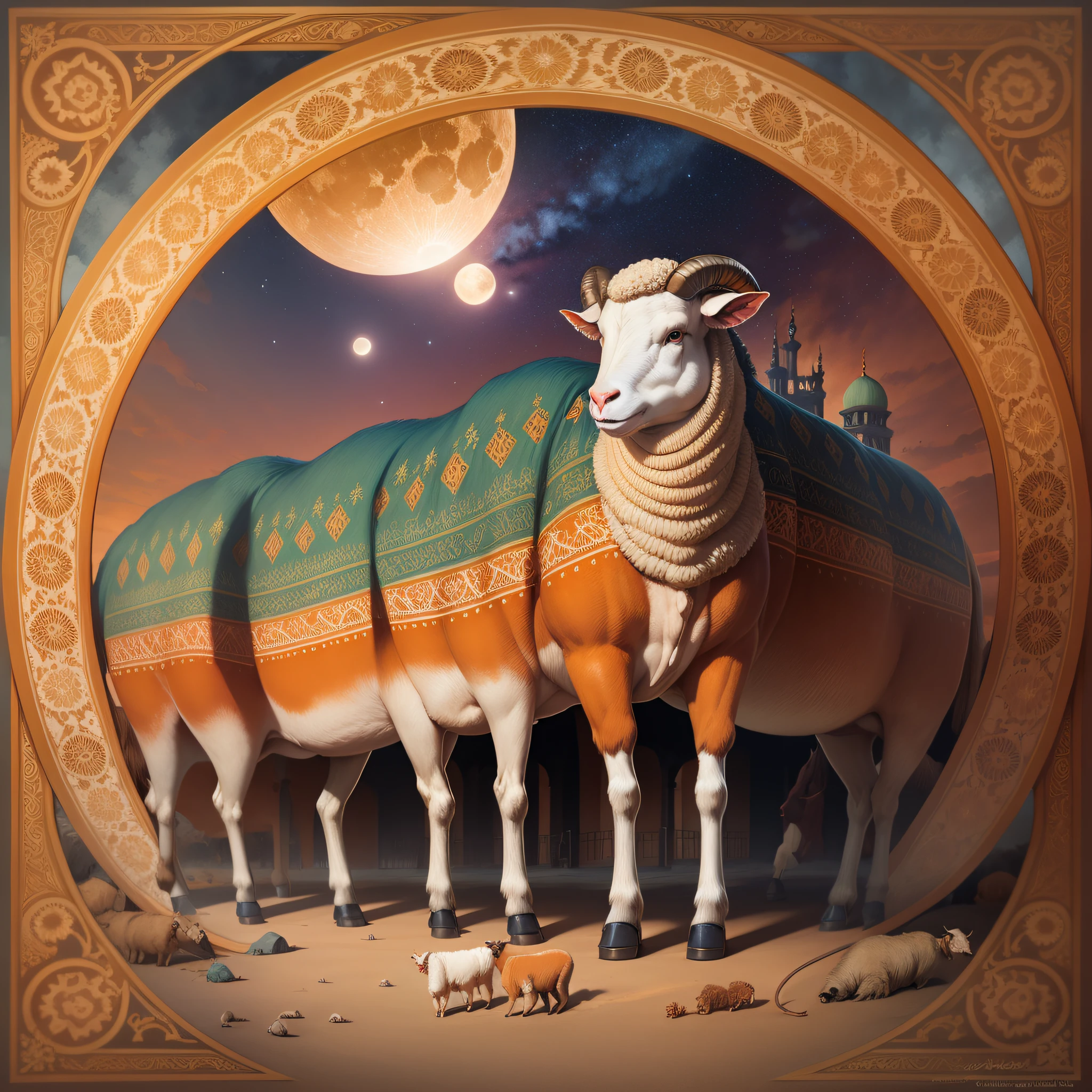 sheep, cow, new moon, mosque, orange color, summer color palette, islamic patterns