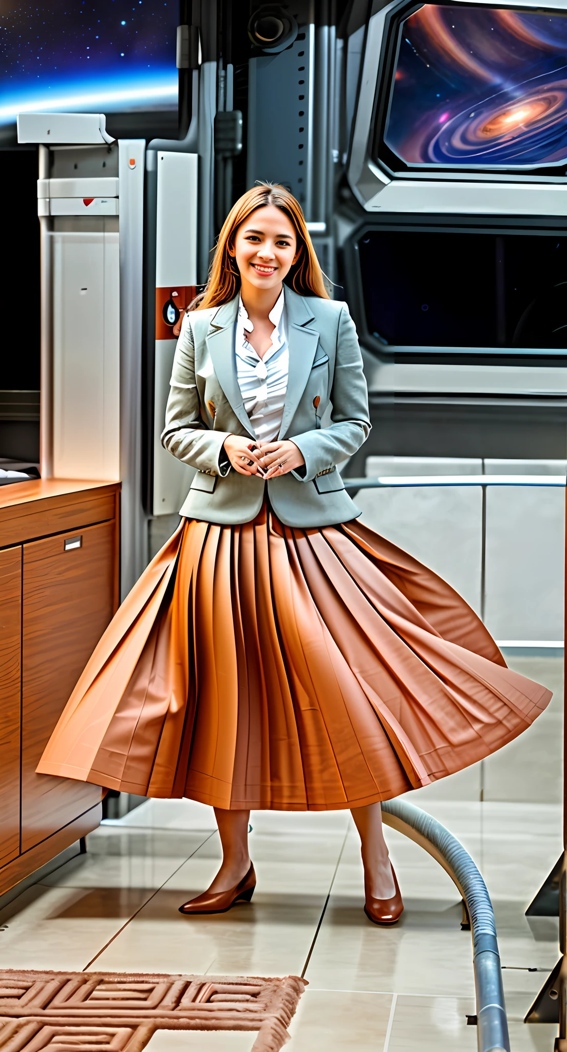 35mm f1.4 Kodak portra 400 photograph, extremely high quality RAW photograph, a therapist is playing with her skirt (in a flirting manner:1.3) on a space station, (shy) authentic (kind and tender) lesbian woman wearing a short blazer with a very very detailed (long (fully pleated) full circle skirt) and (simple) low heeled office shoes, very very intricate hyper-detailed symmetric (attractive graceful young feminine face) with (sad, tired) eyes and a (flirty smile:1.3), full of empathy and compassion and love, (pronounced feminine features:1,3), big boobs, large breasts, (highly detailed ultra accurate realistic) hands and fingers, ((windy conditions and wind blowing)), epic composition, highly detailed attributes, highly detailed atmosphere, detailed background, intricate, Exquisite details and textures, highly detailed, deep space station secret operations active background