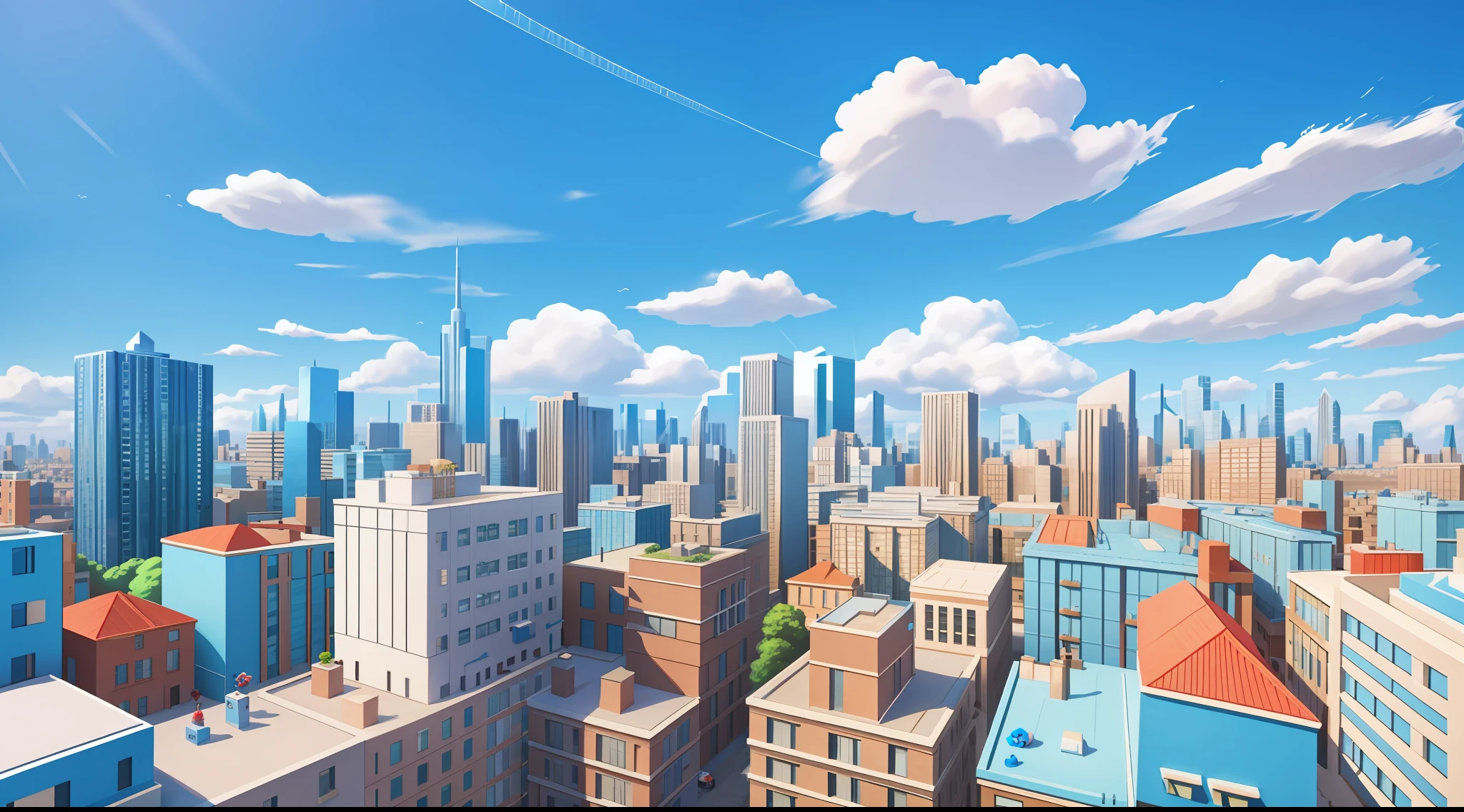Blue sky and white clouds in the background, Pixar style, 3D, super high quality, tall buildings, cities, streets, shops, cartoons cute, a lot of details, a sense of space before and after, the picture should have an impact