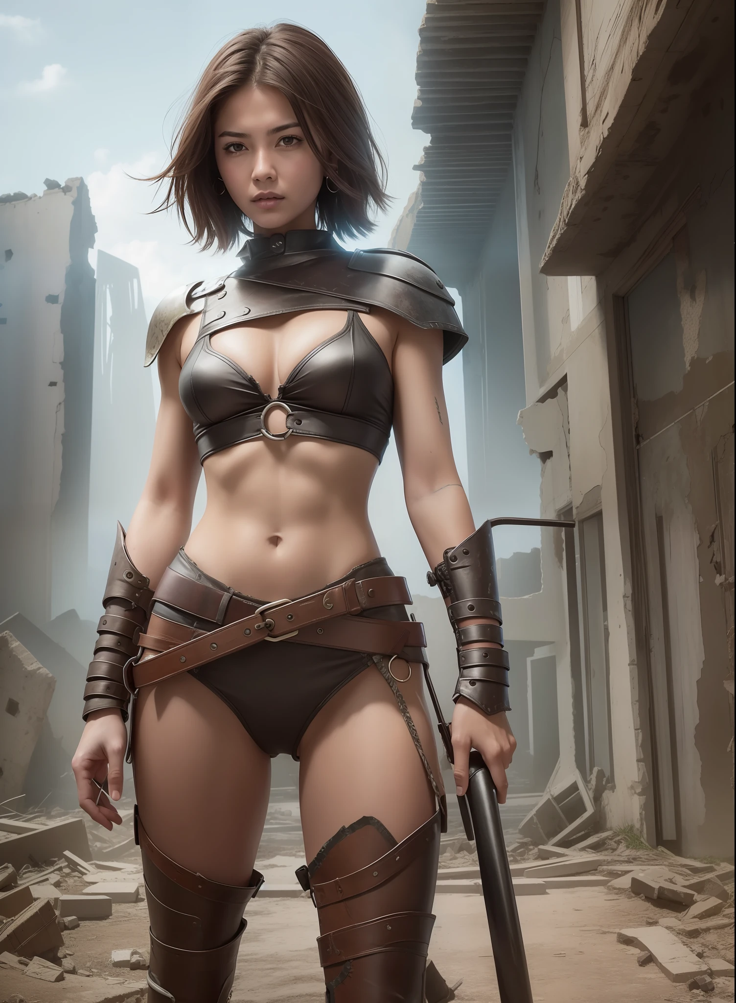 Medium-chested warrior woman in the ruins