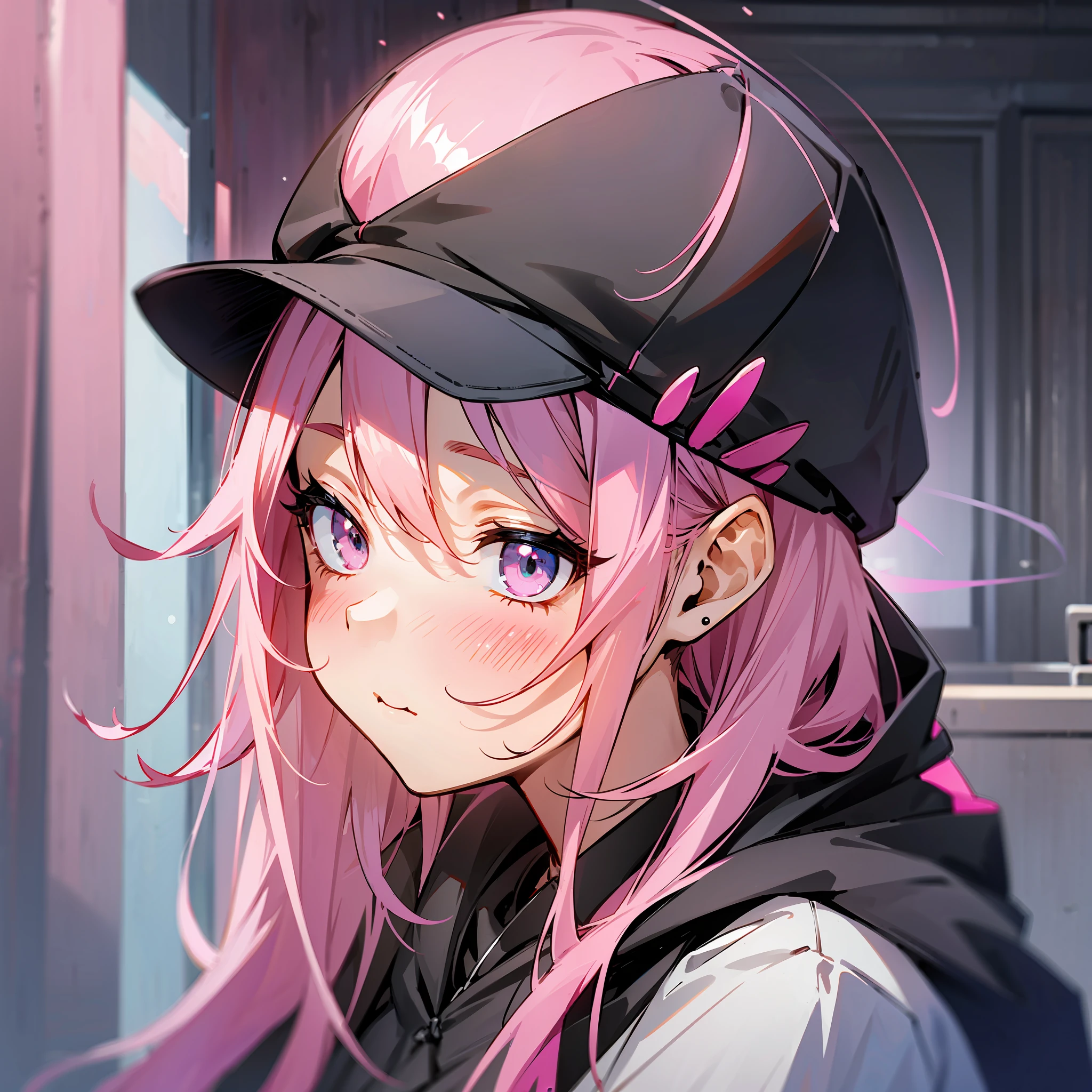 One, girl in black hoodie, black cap, pink hair, blush, looking away, tight fit, cafeteria, evening, delicate illustration --auto --s2