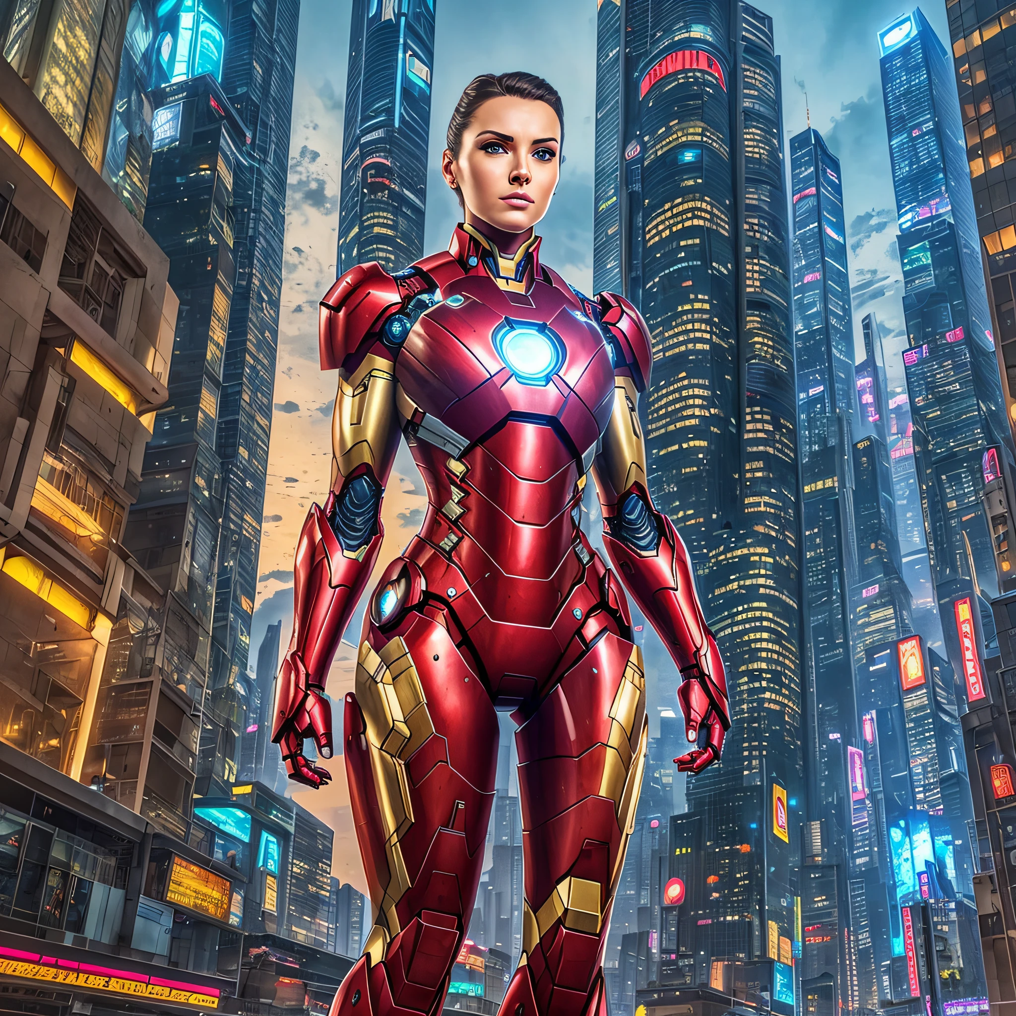 8k, realistic, attractive, highly detailed, a 30-year-old woman, Swiss woman features, green eyes, logo hair, brown hair, a sexy and attractive woman inspired by Iron Man using a brilliant Iron Man mechanism, no helmet. She dresses with sensuality and confidence, perfectly interpreting the strength and charisma of Iron Man. In a cyberpunk-style night scene of the city, a sexy and attractive woman is themed after Iron Man cosplay. Wearing a shiny Iron Man mechanism, she stands on a street lined with tall buildings. The city's night lights are bright, reflecting off its mecha, adding a sense of future technology. The surrounding buildings and streets are filled with cyberpunk elements such as neon lights, high-tech devices, and futuristic architectural designs. The whole scene is full of futuristic and sci-fi atmosphere. This high-definition, high-quality image will provide you with stunning visual pleasure, a perfect combination of sensual, futuristic and sci-fi elements. OC rendering, dramatic lighting, award-winning quality --auto --s2