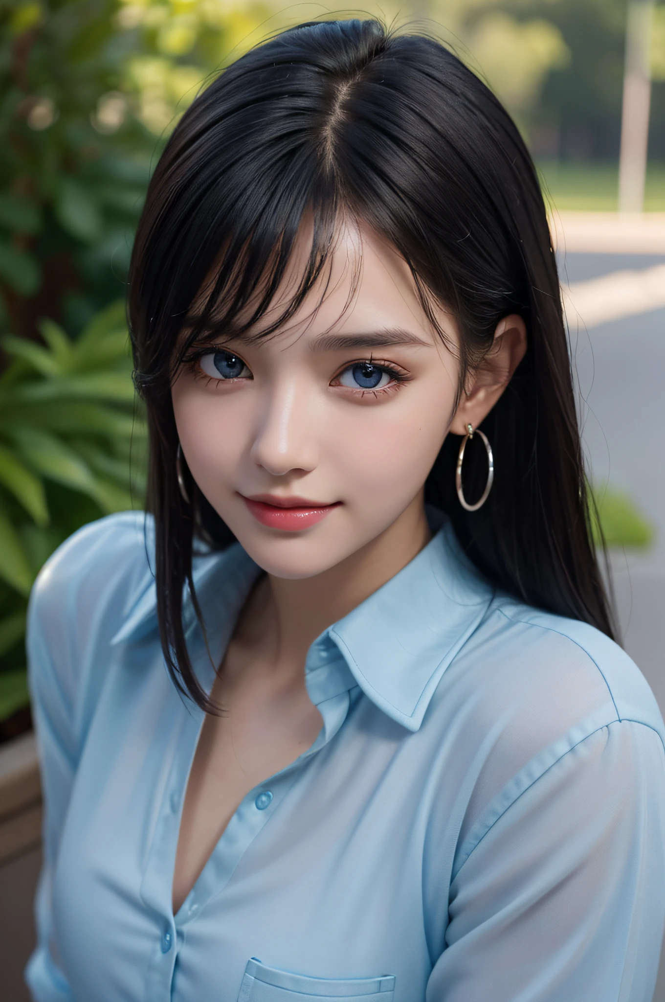 (RAW Photo: 1.2), (Photorealistic: 1.4), (Best Quality: 1.4), Ultra High Resolution, HDR, 8K Resolution, Dreamy, Commentary, Landscape, (No Text), Solo Focus, (Detailed Eyes), (Detailed Face), (Detailed Clothing Features), Clean Skin, Fair Skin, (Shiny Skin), (SLF) Mender), (Slim), (Beauty Face), 1 Boy, virtual girl ren, young, bangs, black hair, blue eyes, earrings, loose shirt, smile, embarrassed, cute, look straight at the camera,