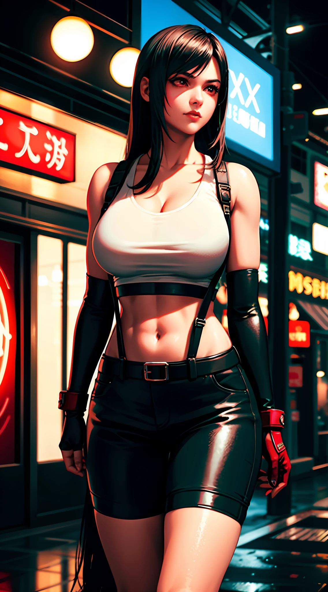 Tifa lockhart, tifa_lockhart,  ff7, sultry face, (white tank top:1.2), black latex miniskirt, (black long hair), hair bangs (red eyes:1.3) long eyelashes, beautiful red eyes with brightness, surrealism, shadow, stereogram, (photorealistic, realistic: 1.2), POV, atmospheric perspective, cinematic lighting, ray tracing, 8k, super detail, best quality, masterpiece, well detailed, (Canan EOS R6, 135mm, 1/1250s, f/2.8, ISO 400:0.9), cyberpunk, neon, neon signs, ramen shops, (huge breasts) elbow length gloves, dark red combat gloves, belt, suspenders,