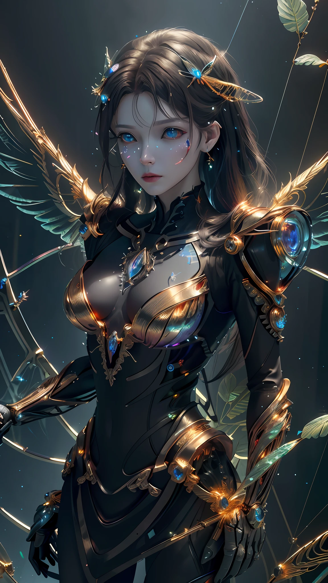 Complex 3d rendering ultra-detailed beautiful angel of death, biomechanical robot, simulated 150mm shot, beautiful natural soft edge light, large leaves and stems, roots, fine leaf lace, colorful details, Boris Bidjan Saberi clothing, pearl earrings, piercings, Art Nouveau fashion embroidery, intricate details, mesh lines, mandelbro fractals, facial muscles, cable wires, microchips, badass, surreal, ultra-detailed, octane rendering, volumetric lighting, 8k post-production, Red and white with a touch of black, metallic skeleton detailing, half-humanoid, rainbow color, Glenn Brown style, futuristic room, power of gods, high angle shot, complex body pose