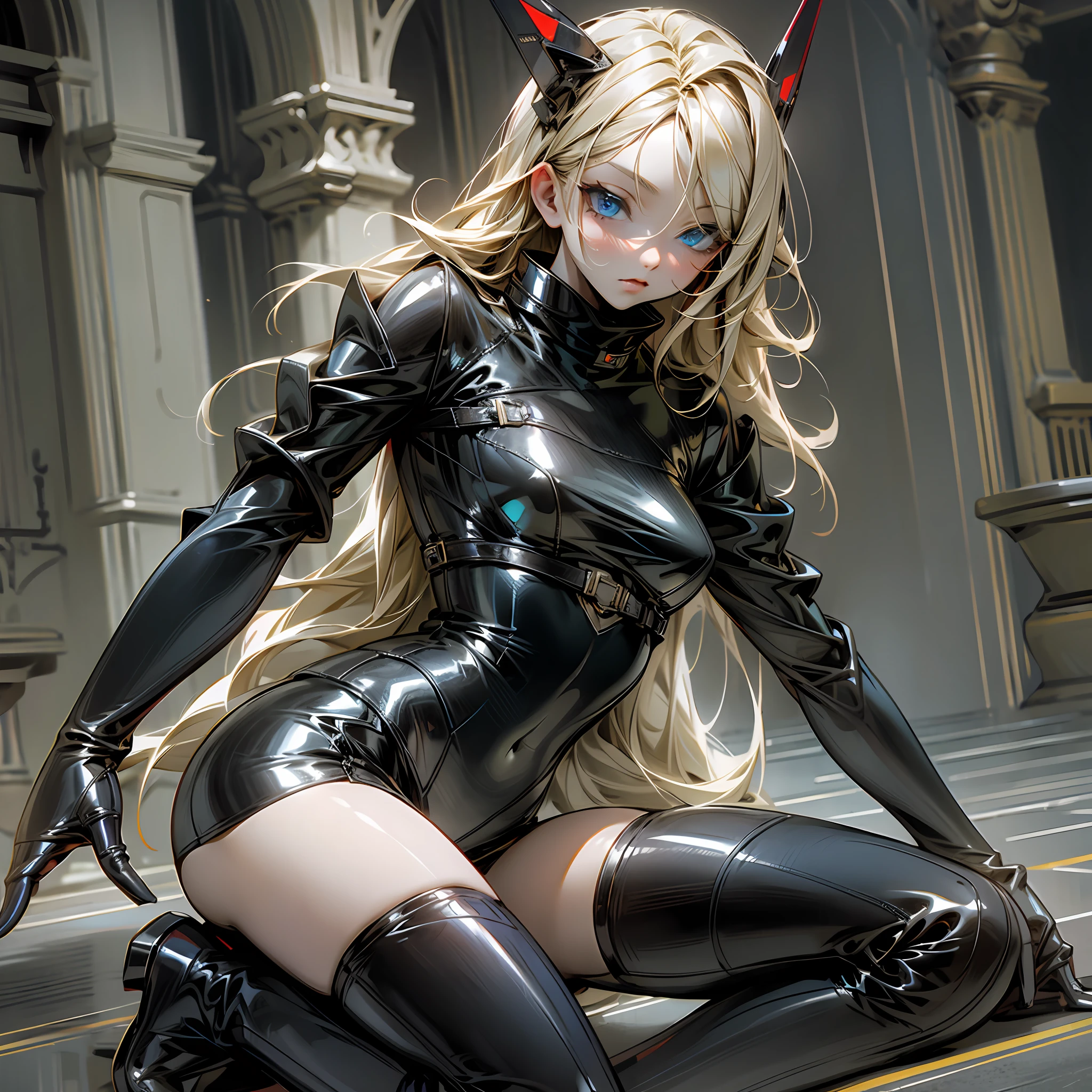 Knee-high boots, red, latex, long, blonde, blue eyes --auto --s2