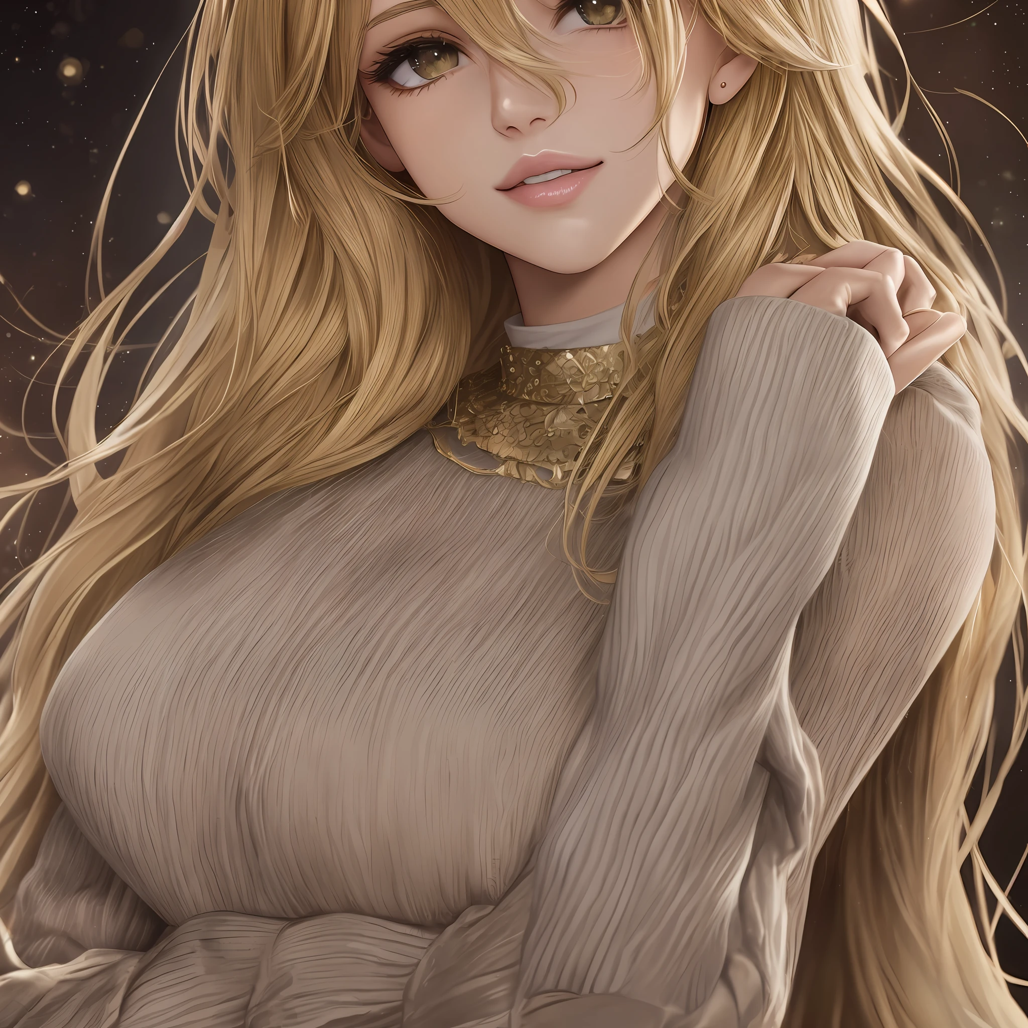 Halston sage, rich girl, billionaire, Midas touch, golden blonde hair, brown eyes, wearing gloves, white sweater, luxurious resort, beautiful, 25 years old, demigod, anime --auto --s2