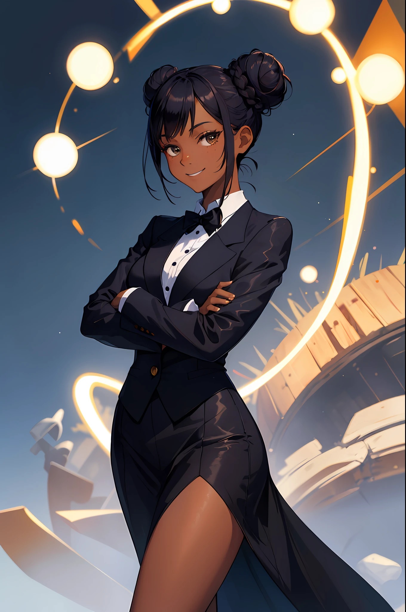 "Masterpiece: a sharp and high quality image of a smug, dark-skinned girl wearing a stylish tuxedo dress with black hair styled in a bun, showing off her confidence with crossed arms and a smug smile, while her cute freckles add a touch of youthful charm."