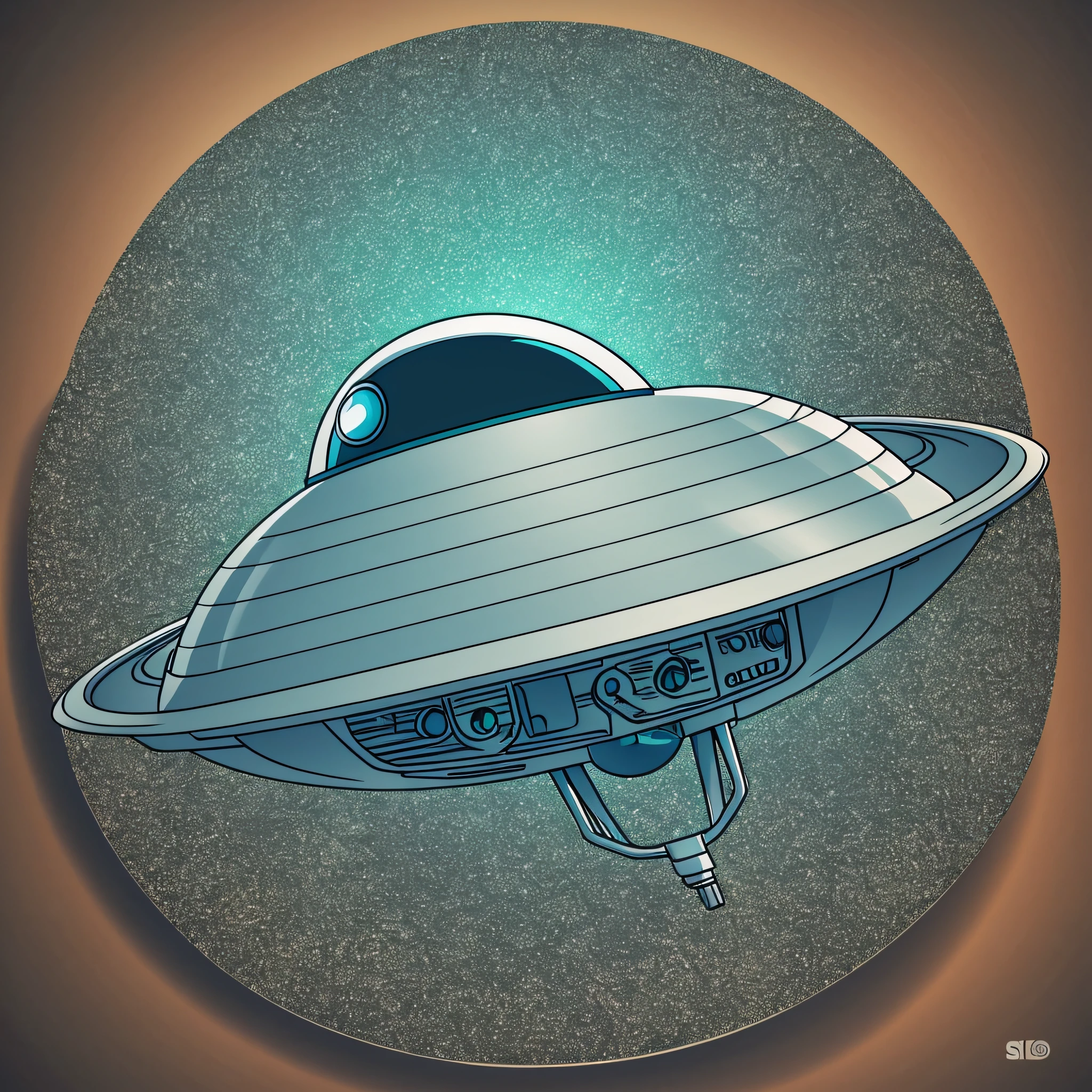 An alien inside a UFO flying away from planet earth showing the middle finger, simple design, cartoon style, discreet colors --auto --s2