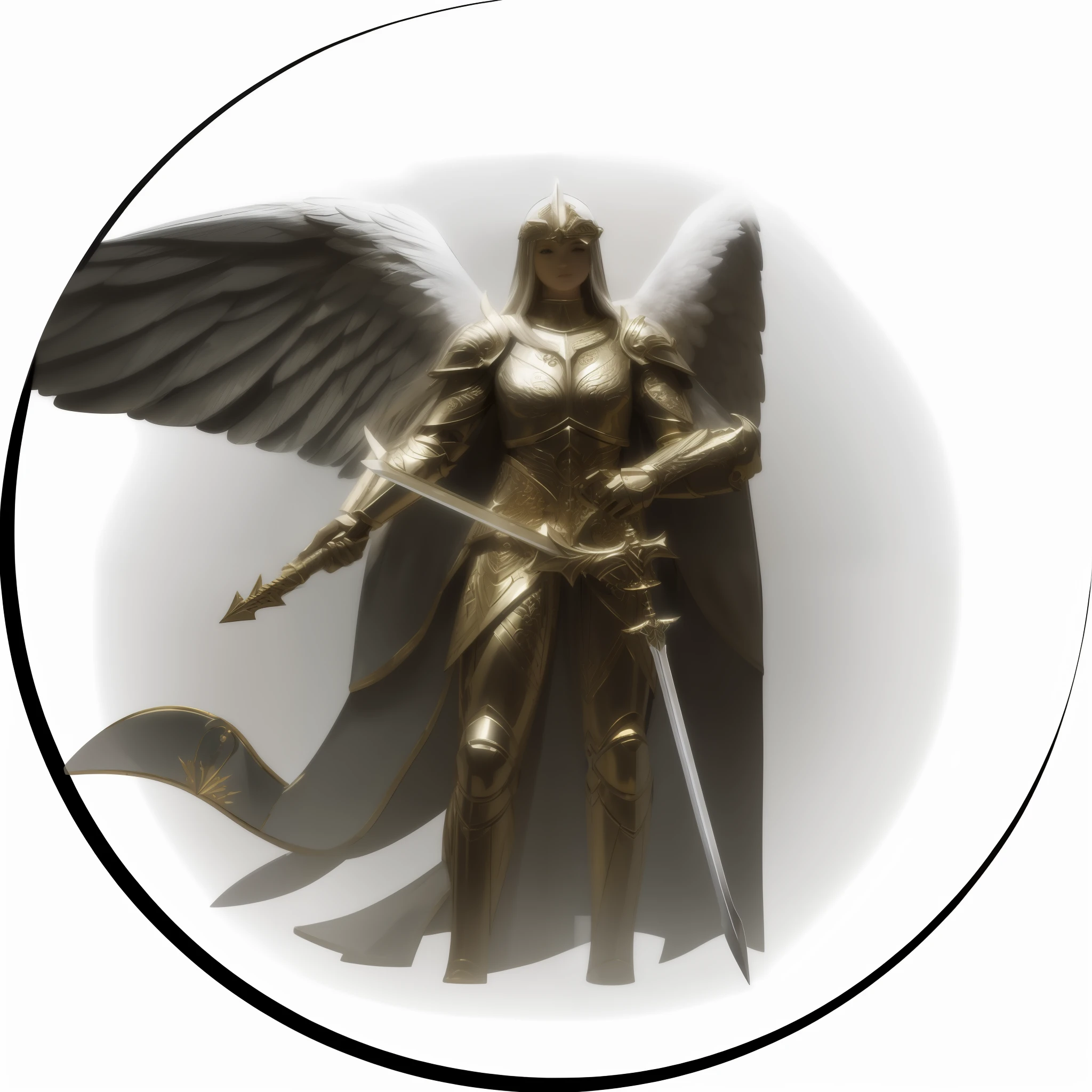 arafed image of a female angel with a sword and shield, archangel, angel in plastic armor, archangel michael, armor angle with wing, angel-themed, male with halo, angelic features, winged archer, saint michael the angel, mystical atlantean valkyrie, picture of female paladin, npc with a saint's halo, angelarium