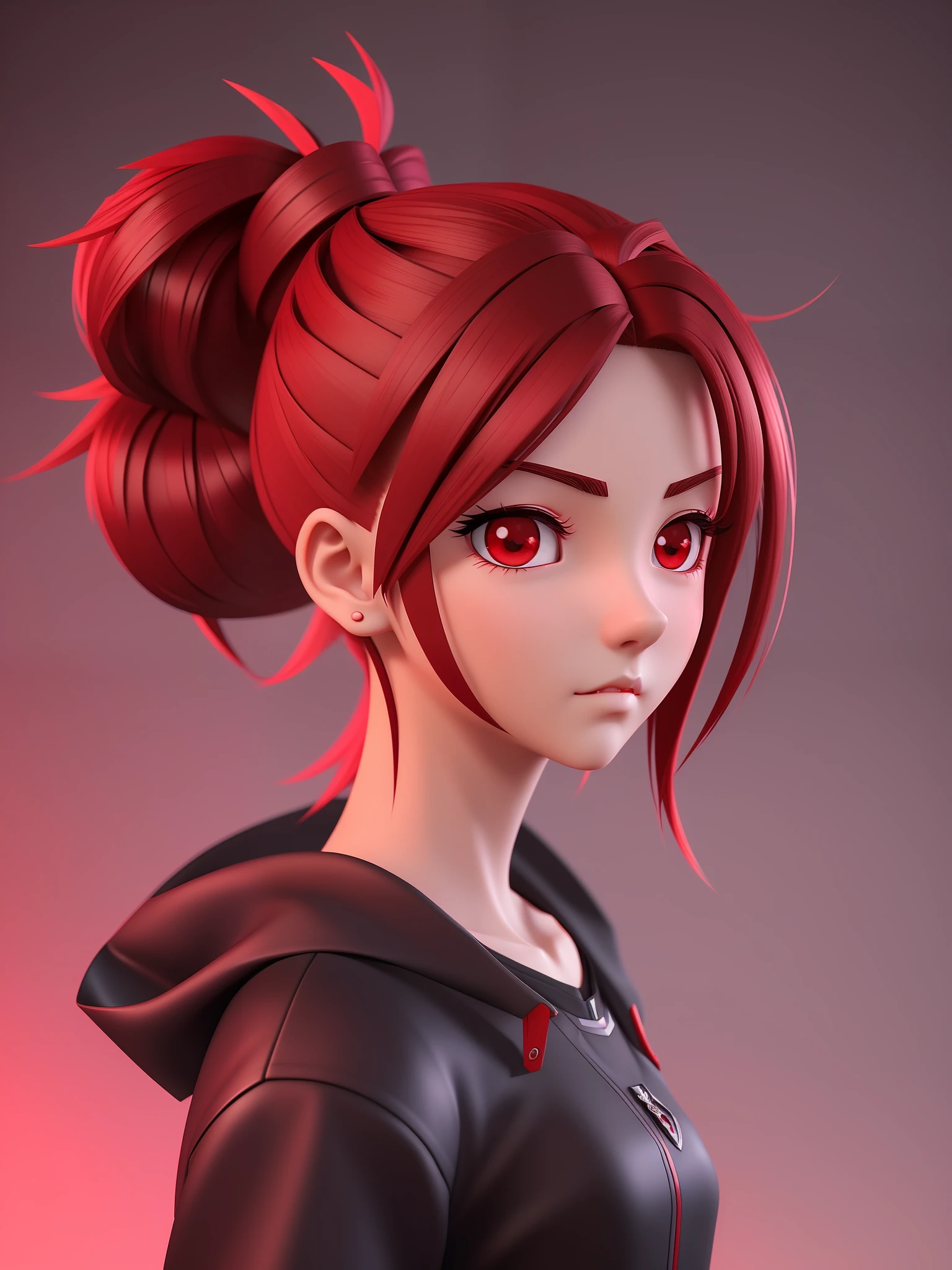 Young girl, a cartoon character dark red outfit, ((cold expression and tired eyes)), ((hair up to shoulder)), (red eyes), stylized character, animation character, stylized 3d render, 3d character, highly detailed character, stylized anime, stylized 3d, render character, character model, closeup, (maximum quality)