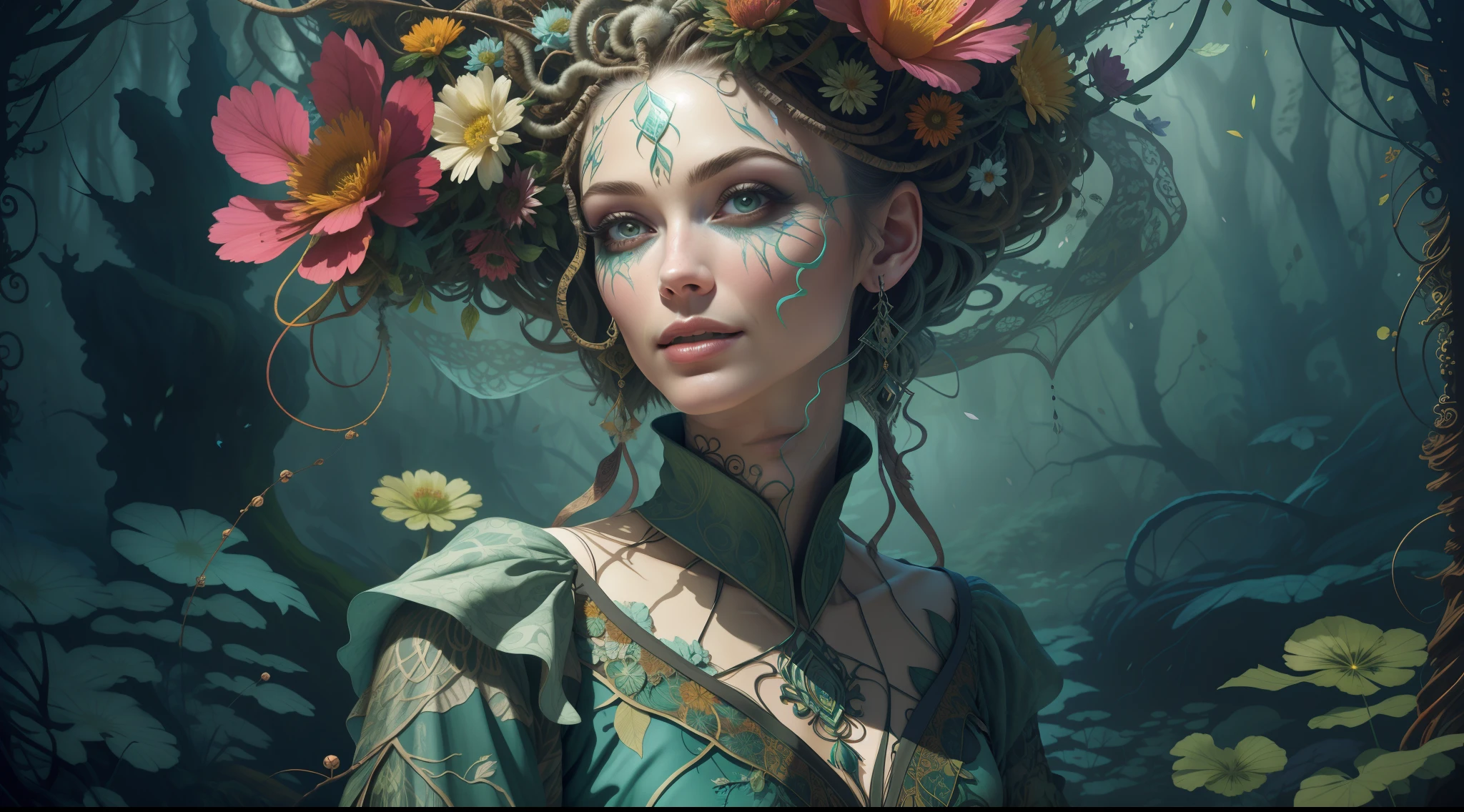 horror art, fear, unified 8k wallpaper, super detailed, beauty and aesthetics, masterpiece, best quality, (zentangle, mandala, tangles, entanglements), 1girl, (shimmering tulle earth tones intricate flower woven robes: 1.2), deep and rich black shadows, (up close from the side: 1.1), Mother Earth, smiling, enchanting whimsical fantasy forest background, happiness, enchanting atmosphere, very detailed, dynamic angle, cowboyshot, the most beautiful chaotic forms, elegance, fauvist design, bright colors, romanticism, by James Jean, Robbie Devi Antonio, Ross Tran, Francis Bacon, Michal Mraz, Adrian Gaini, Petra Koreit, Gerhard Richter, Takashi Yamamoto, Ashley Wood, Atmospheric
