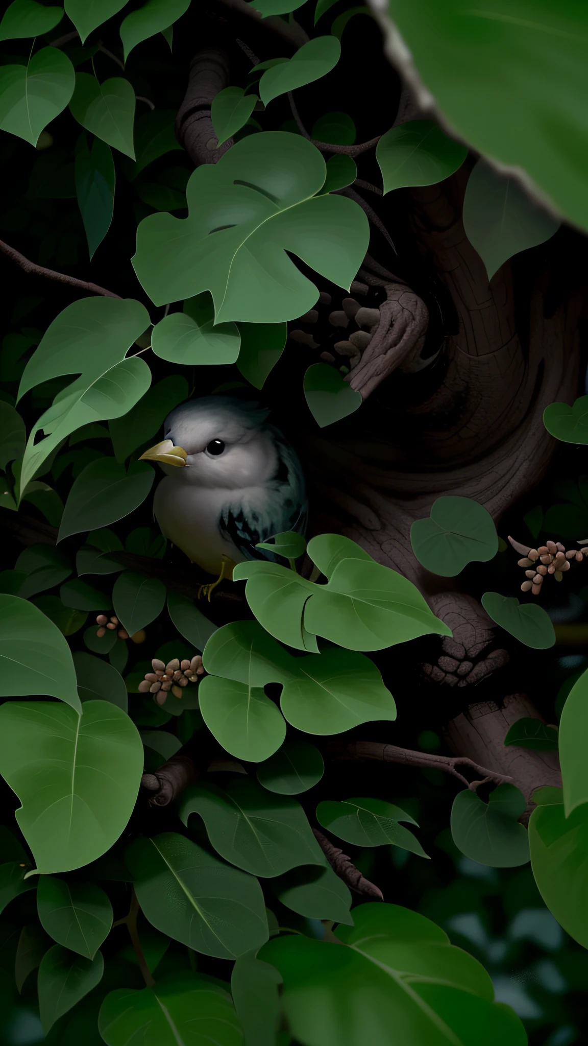 there is a small bird sitting in the middle of a bush, in a nest, amongst foliage, still from a nature documentary, still from nature documentary, sheltering under a leaf, video still, bird view, zoomed out shot, close establishing shot, looking towards the camera, looking towards camera, female looking, toward to the camera, a still of a happy