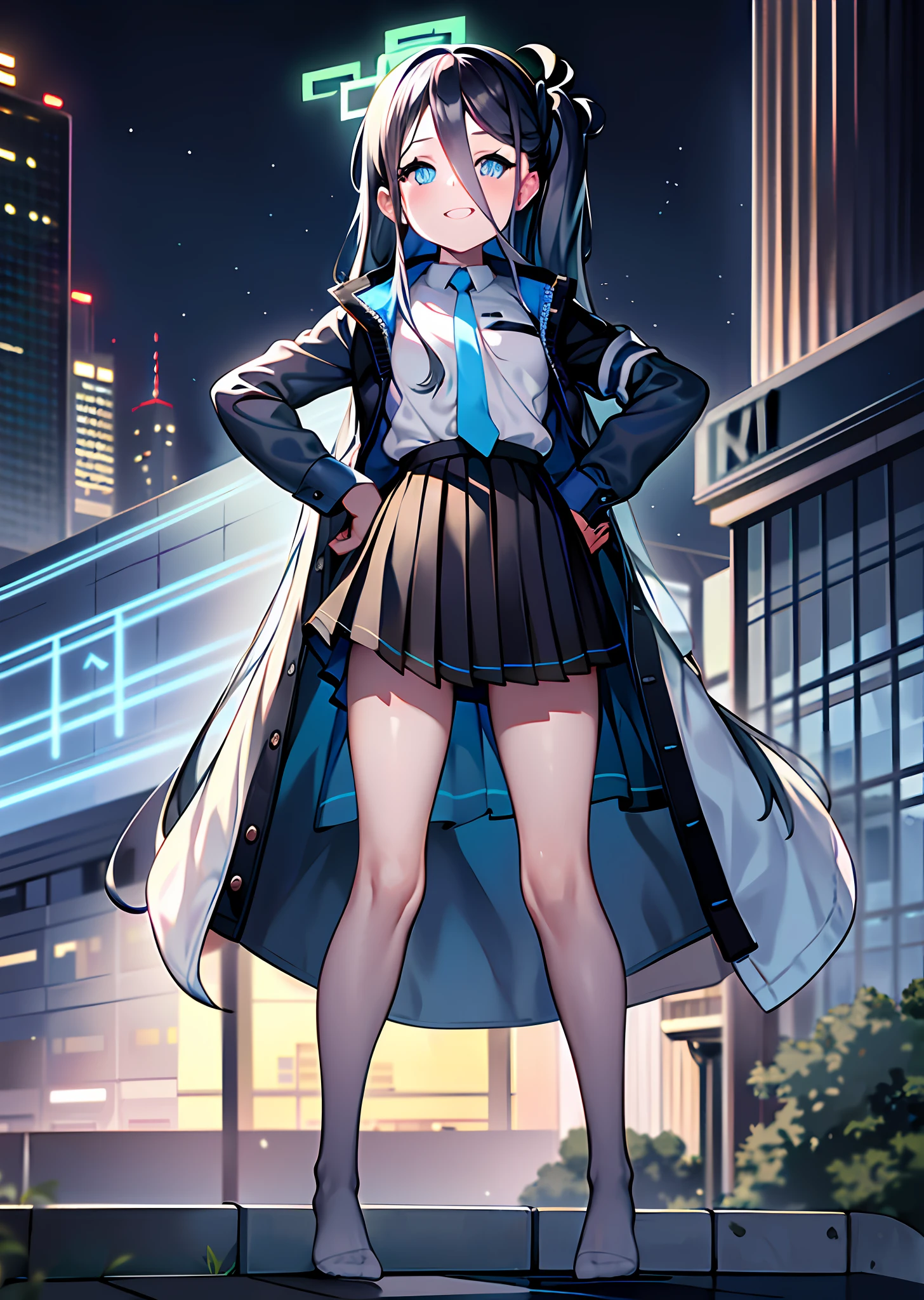 (pureerosface_v1:0.66), best quality, ultra high resolution, (photorealistic: 1.4), 1 girl, fine eyes, dark eye makeup, slim waist, blush, k-pop idol, (charm: 1.0), fine eye makeup, puffy eyes, solo, perfect anatomy, (big), (slender), (black hair: 1), (look at the viewer), (original_ alice), (light blue tie), (marine blue eyes), (zhuo),(alice_halo:0.7),(blue halo),(smile),(happiness),(pigtails),(long hair),(long bangs),(blue archive),(black hair band),(long coat),(school uniform),(white long-sleeved shirt),(pleated skirt),(navy blue skirt),(bare feet),nsfw, Depth of field, facial details, skin luster, beautiful eyes, dark eye makeup, slim waist, blush, fine eye makeup, solo, perfect anatomy. (((night view))). (((put your hands on your hips))). Make a fist. Face forward, look at the front, look at the camera.