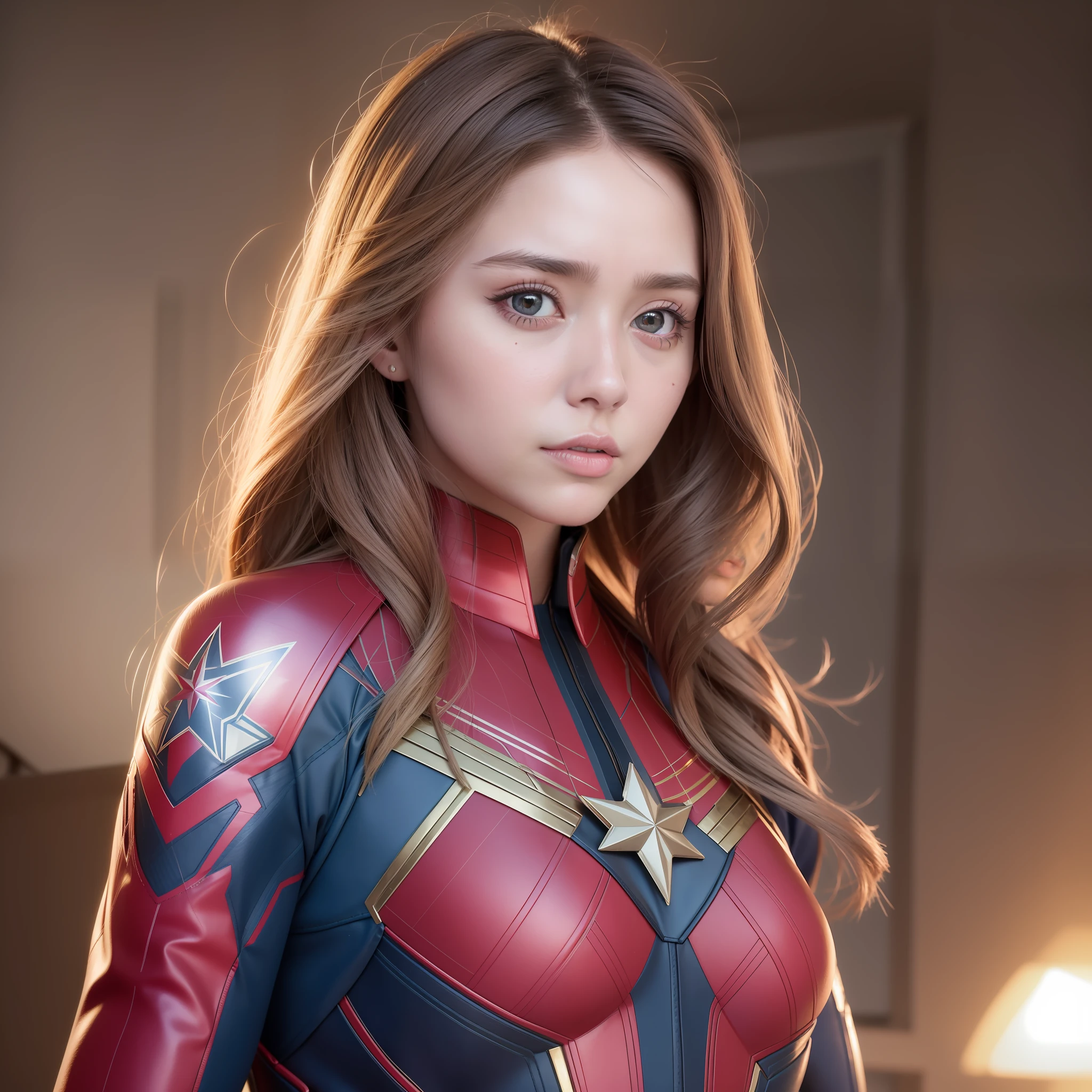 “chipupu”, 22 years old, Photo Realistic, Realistic. 1girl realistic, skin realistic, “ Elizabeth Olsen” face, big boobs, captain marvel character, detailed eye makeup, puffy eyes, solo, sharp focus, volumetric fog, 8k uhd, dslr, high quality, film grain, photorealism, lomography