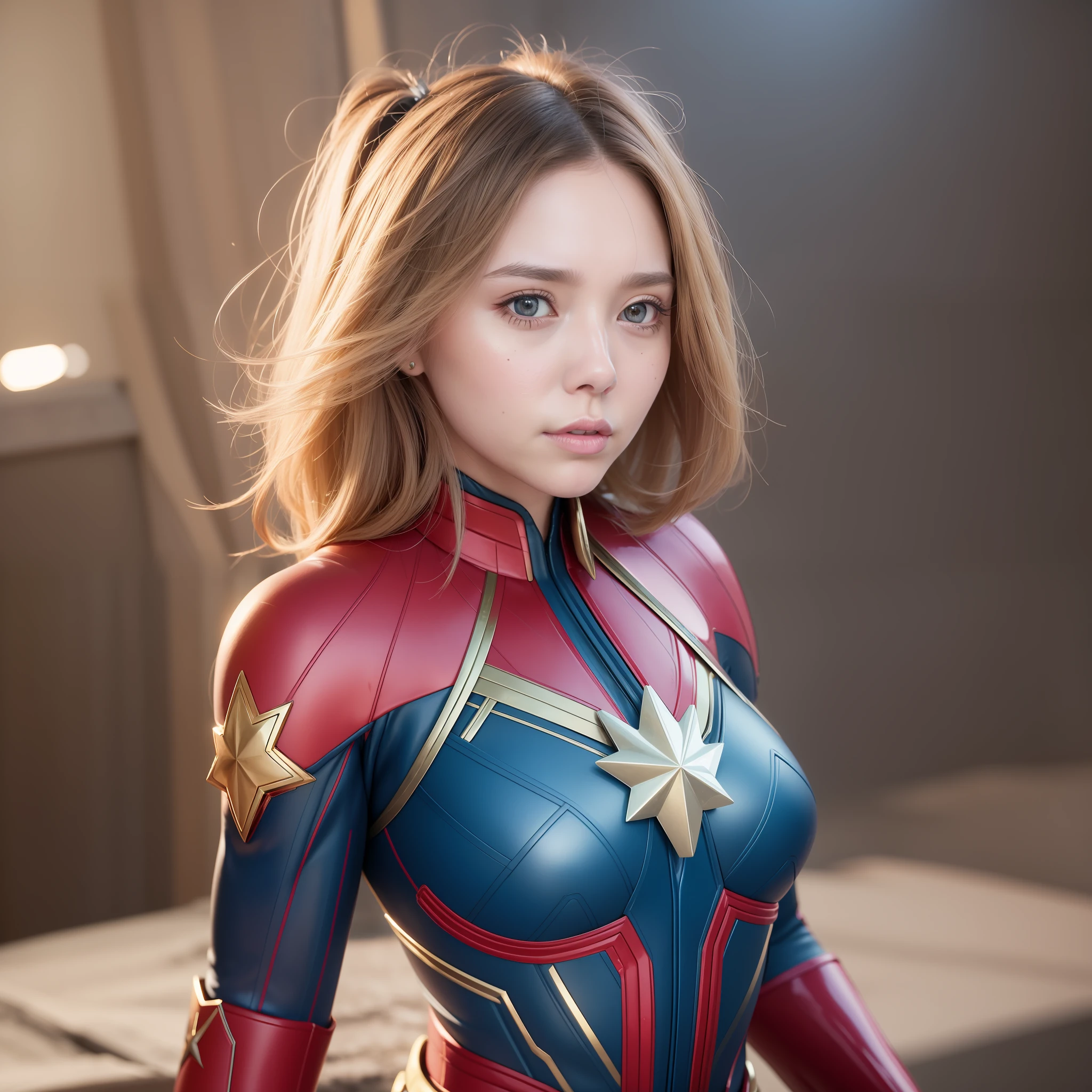 “chipupu”, 22 years old, Photo Realistic, Realistic. 1girl realistic, skin realistic, “ Elizabeth Olsen” face, big boobs, captain marvel character, detailed eye makeup, puffy eyes, solo, sharp focus, volumetric fog, 8k uhd, dslr, high quality, film grain, photorealism, lomography