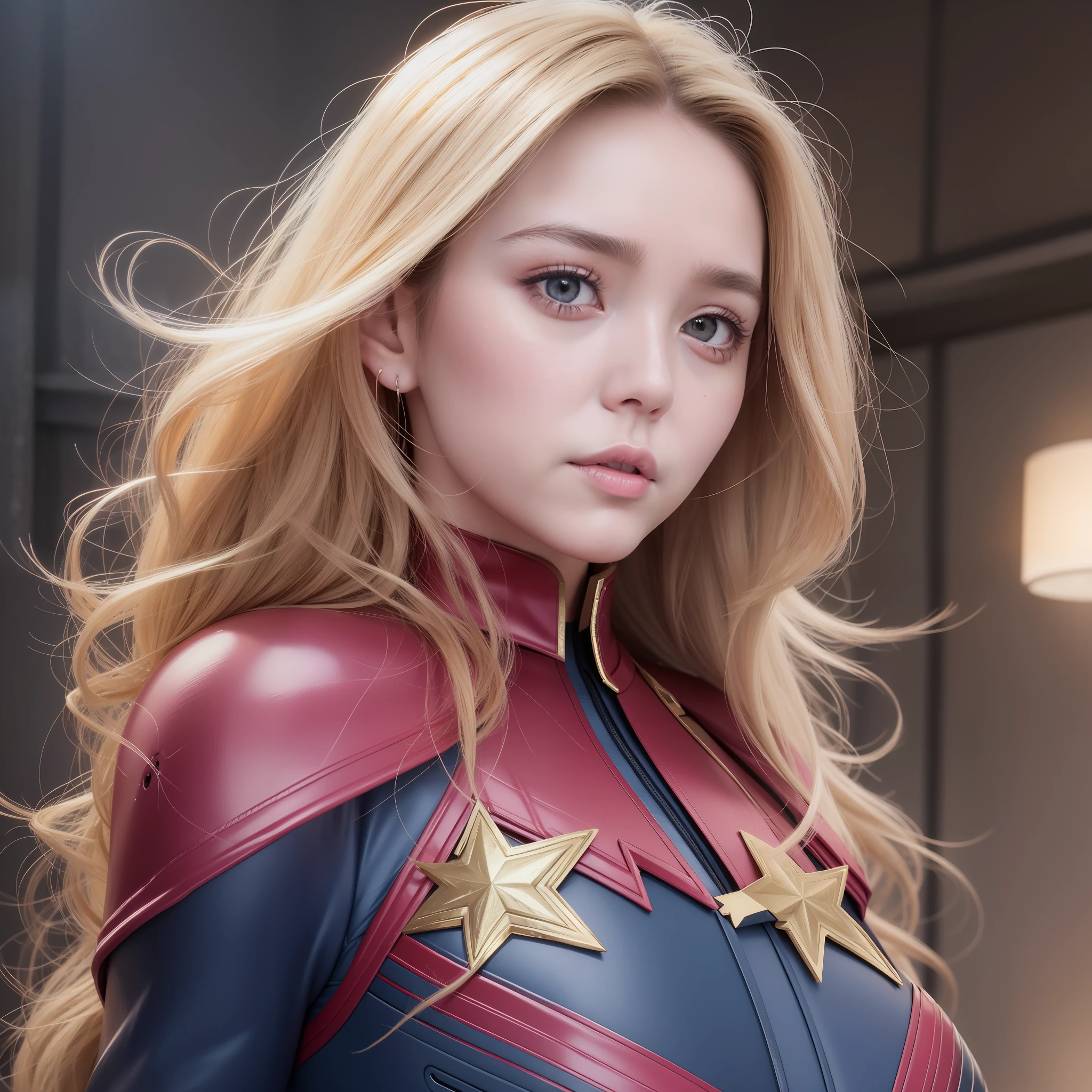 “chipupu”, 22 years old, Photo Realistic, Realistic. 1girl realistic, skin realistic, “ Elizabeth Olsen” face, big ?????, captain marvel character, detailed eye makeup, puffy eyes, solo, sharp focus, volumetric fog, 8k uhd, dslr, high quality, film grain, photorealism, lomography