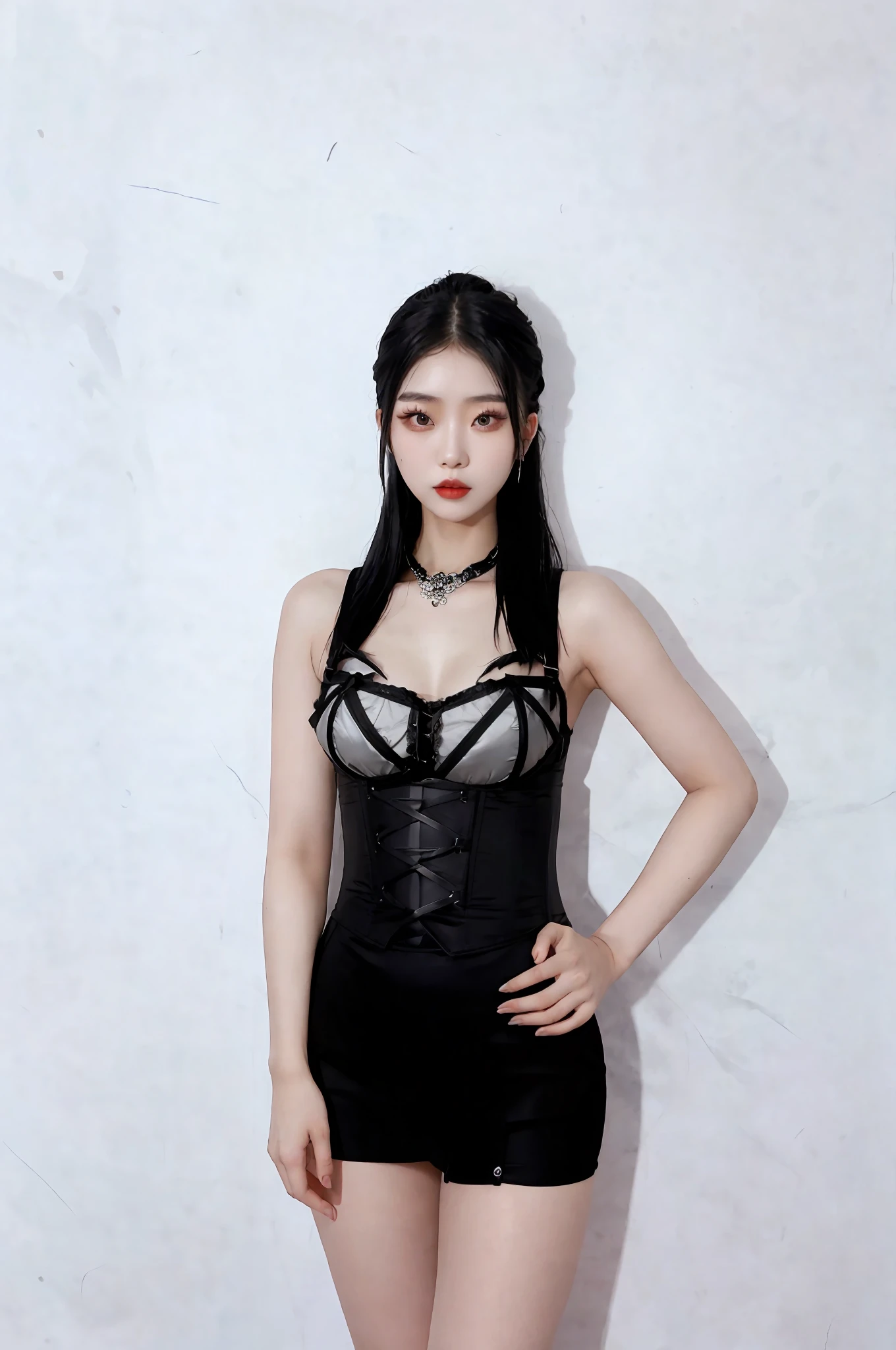there is a woman in a black dress posing for a picture, cruel korean goth girl, full body xianxia, korean girl, open v chest clothes, xision wu, gorgeous young korean woman, japanese goddess, sexy look, korean woman, wearing corset, asian female, very beautiful goth top model, very tight corset, gorgeous chinese model, gongbi