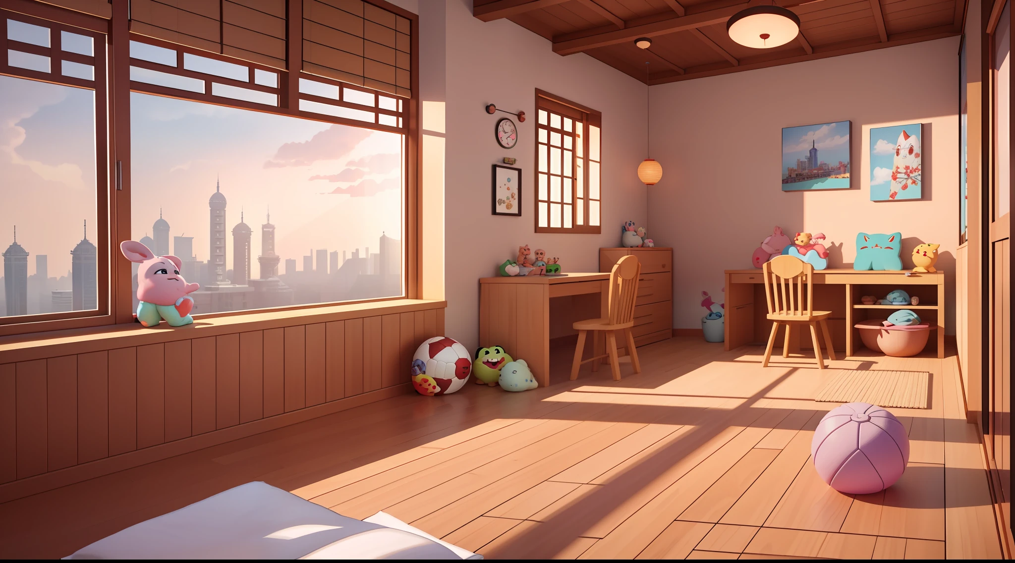 Pixar style:1.1), Warm, Indoor, Kids, 3d artwork, Scenery from the window (Shikumen, Shanghai), Blender, OC Renderer, Dribbling High Detail 8k, Studio lighting --v 6