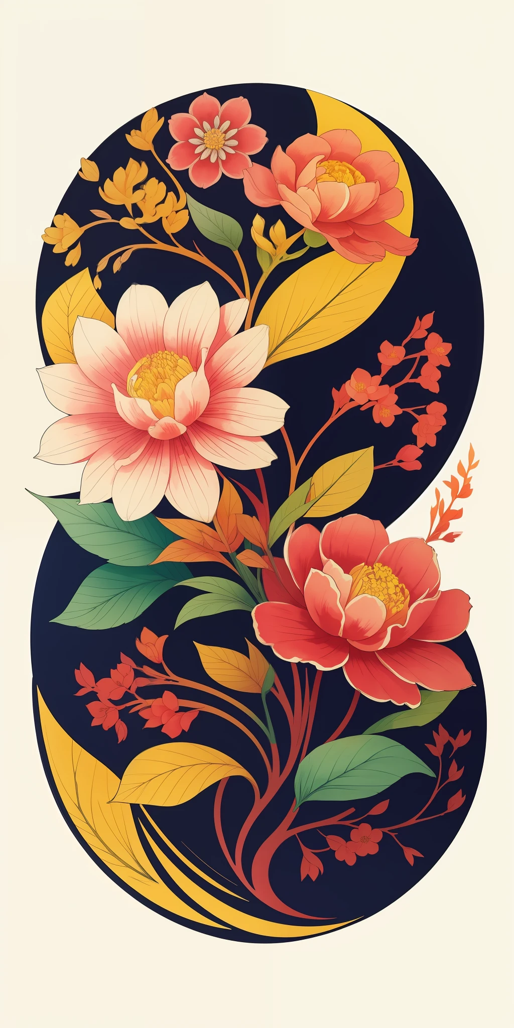 (masterpiece, best quality: 1.2), shukizuma, negative space, shuimobysim, ink painting, colorful colors, traditional Chinese, flowers and leaves, cotyledons, peaceful, (smile), looking at the viewer, color saturation, bright colors, neon