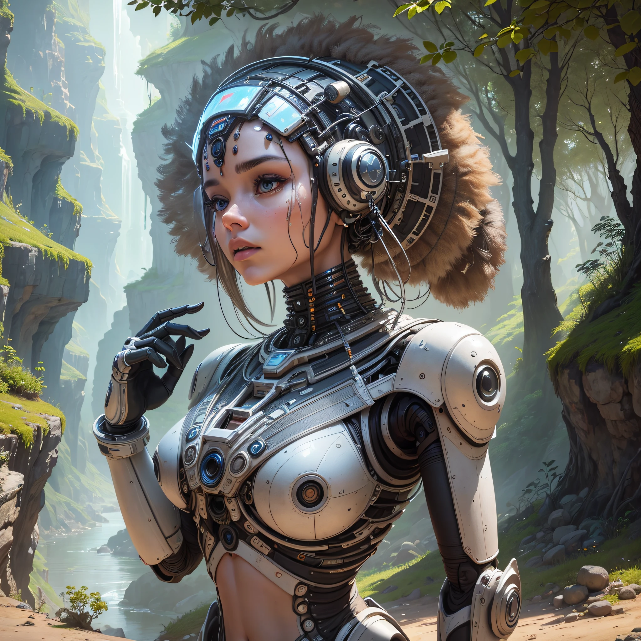 a photorealistic, 8k, HD cinematography capturing the breathtaking beauty of a futuristic humanoid female robot made of beige acrylic. This stunning composition showcases the intricate details of the robot's features, dressed and painted to resemble a Brazilian indigenous tribe. The robot stands in a side profile, with her head turned, gazing directly at the camera, establishing a powerful connection with the viewer. In the background, a habitat reminiscent of indigenous tribes unfolds, featuring robotic and futuristic versions of traditional Indian structures. The photograph captures the robot from the waist up, allowing for a focus on the exquisitely detailed creation. Inspired by the style of renowned photographer Sebastião Salgado, the image is masterfully presented in black and white, further enhancing the dramatic impact. The use of ultra-wide-angle lens and precise depth of field adds a sense of grandeur to the scene, while the expert color grading highlights the robot's form and texture. This hyper-detailed and beautifully color-graded photograph, created using Unreal Engine, brings to life an unforgettable fusion of technology and art, taking viewers on an immersive visual journey. With its astonishing resolution, the image offers an unrivaled level of realism and invites exploration of even the most intricate aspects. The photograph is formatted in 16:9 aspect ratio, ensuring a cinematic experience that transports the audience into a mesmerizing world of wonder and beauty. --auto --s2