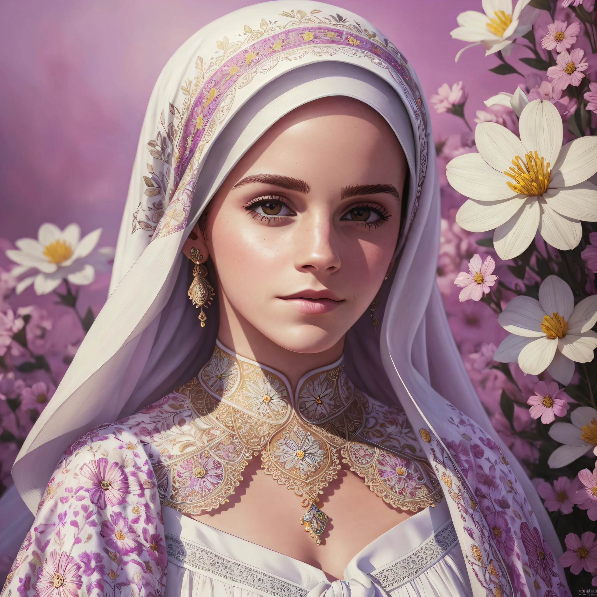 emma Watson, wearing white Flower Hijab, realistic photography, colorful background, detailed portrait, intricate details, rich colors, realistic style --auto --s2