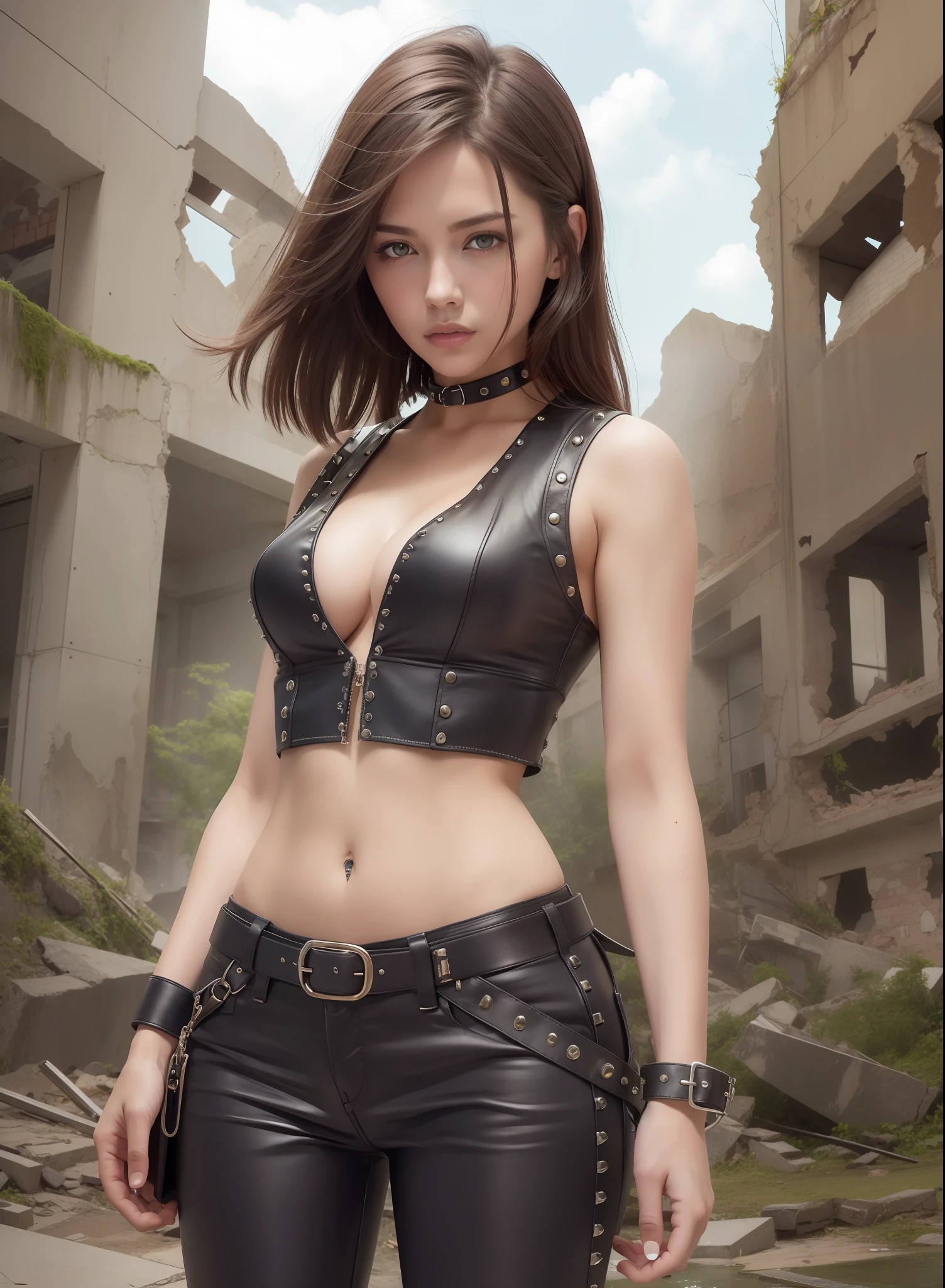 Medium-chested woman, trousers, rivets, holsters, in the ruins