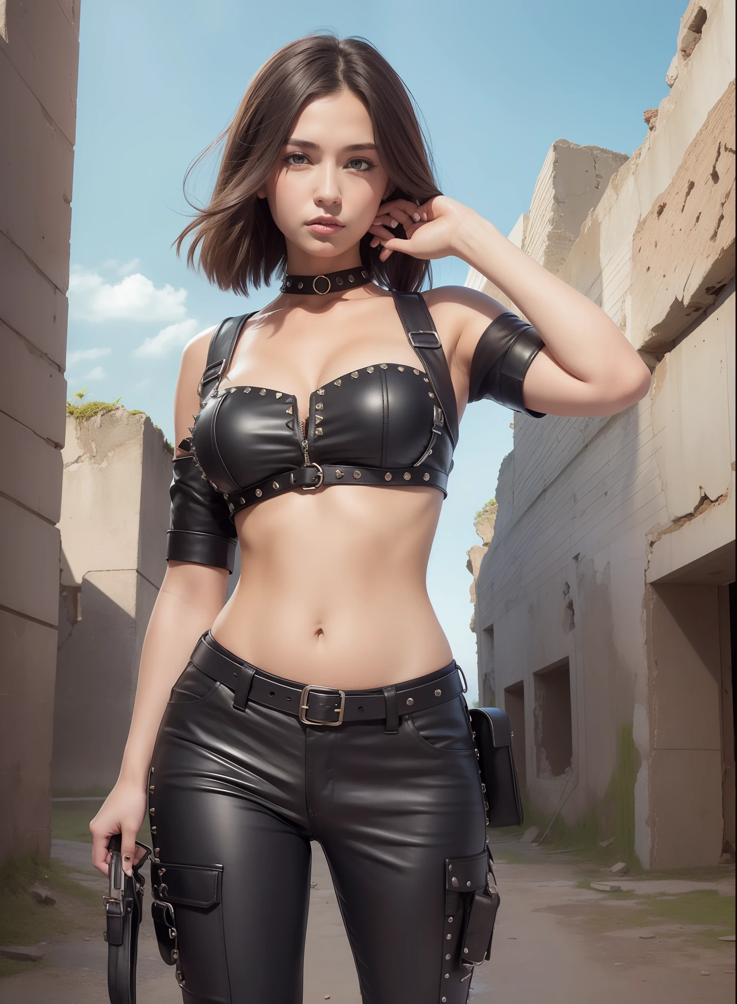Medium-chested woman, trousers, rivets, holsters, in the ruins