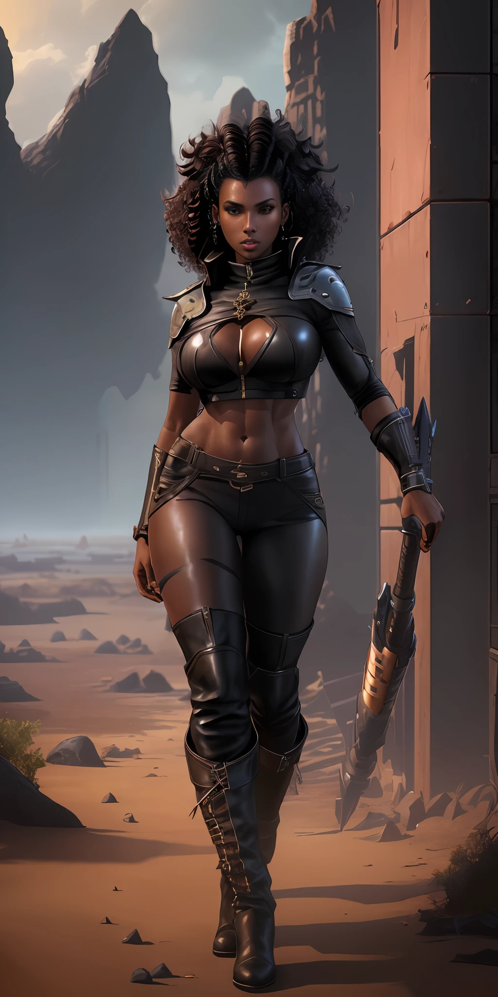 ((An attractive black-skinned woman with curly hair, slim body)), (RPG witch, showing belly, crotch, large breasts), leather boots, rpg style, full body, standing in natural pose, transparent clothes, scenery of an abandoned and dark spaceship, GameStation style:1, ultra detailed, artstation, 4k resolution