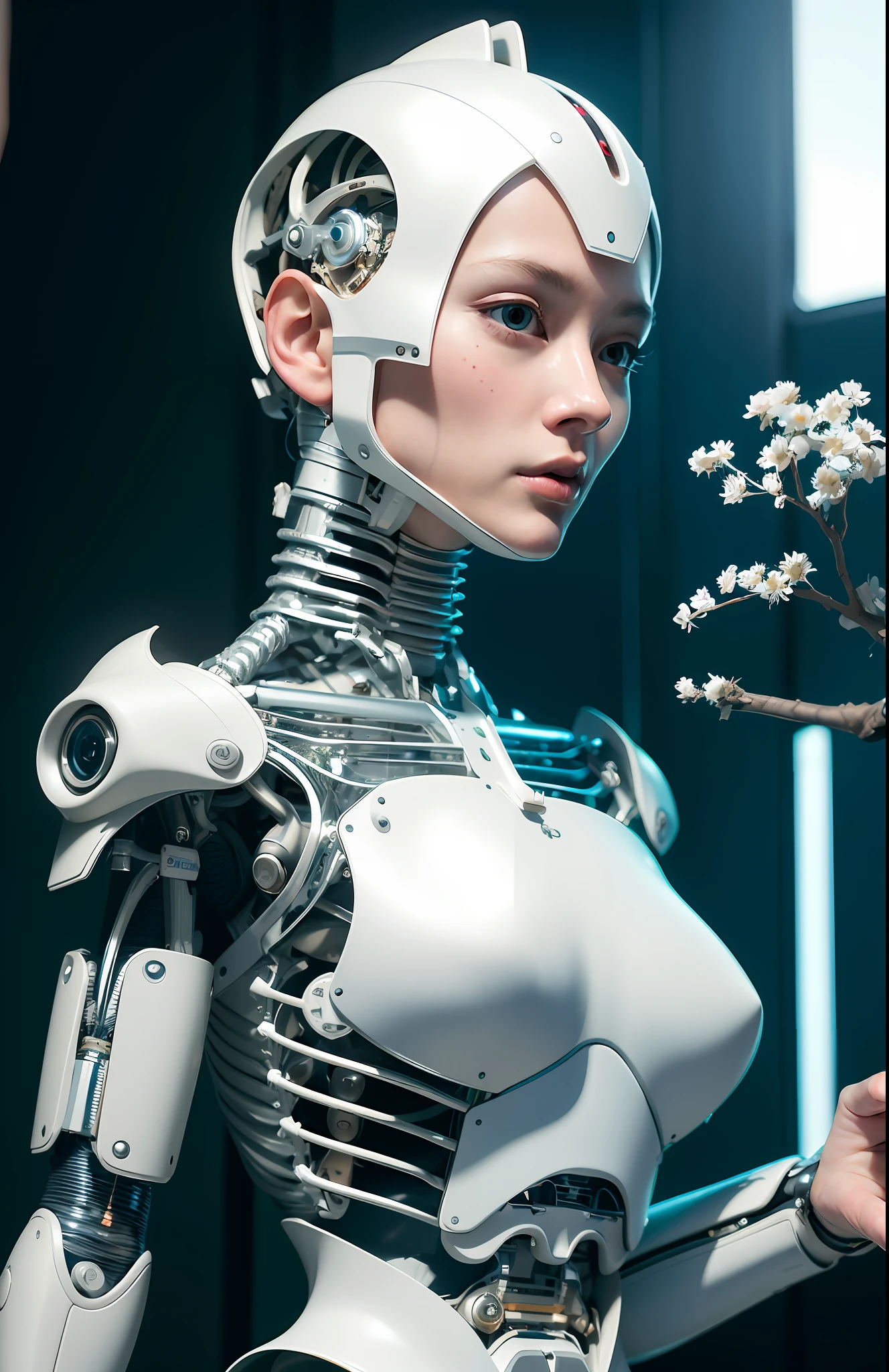 complex 3d render ultra detailed of a beautiful porcelain profile woman android face, cyborg, robotic parts, 150 mm, beautiful studio soft light, rim light, vibrant details, luxurious cyberpunk, lace, hyperrealistic, anatomical, facial muscles, cable electric wires, microchip, elegant, beautiful background, octane render, H. R. Giger style, 8k, best quality, masterpiece, illustration, an extremely delicate and beautiful, extremely detailed ,CG ,unity ,wallpaper, (realistic, photo-realistic:1.37),Amazing, finely detail, masterpiece,best quality,official art, extremely detailed CG unity 8k wallpaper, absurdres, incredibly absurdres, robot, silver halmet, full body, sitting