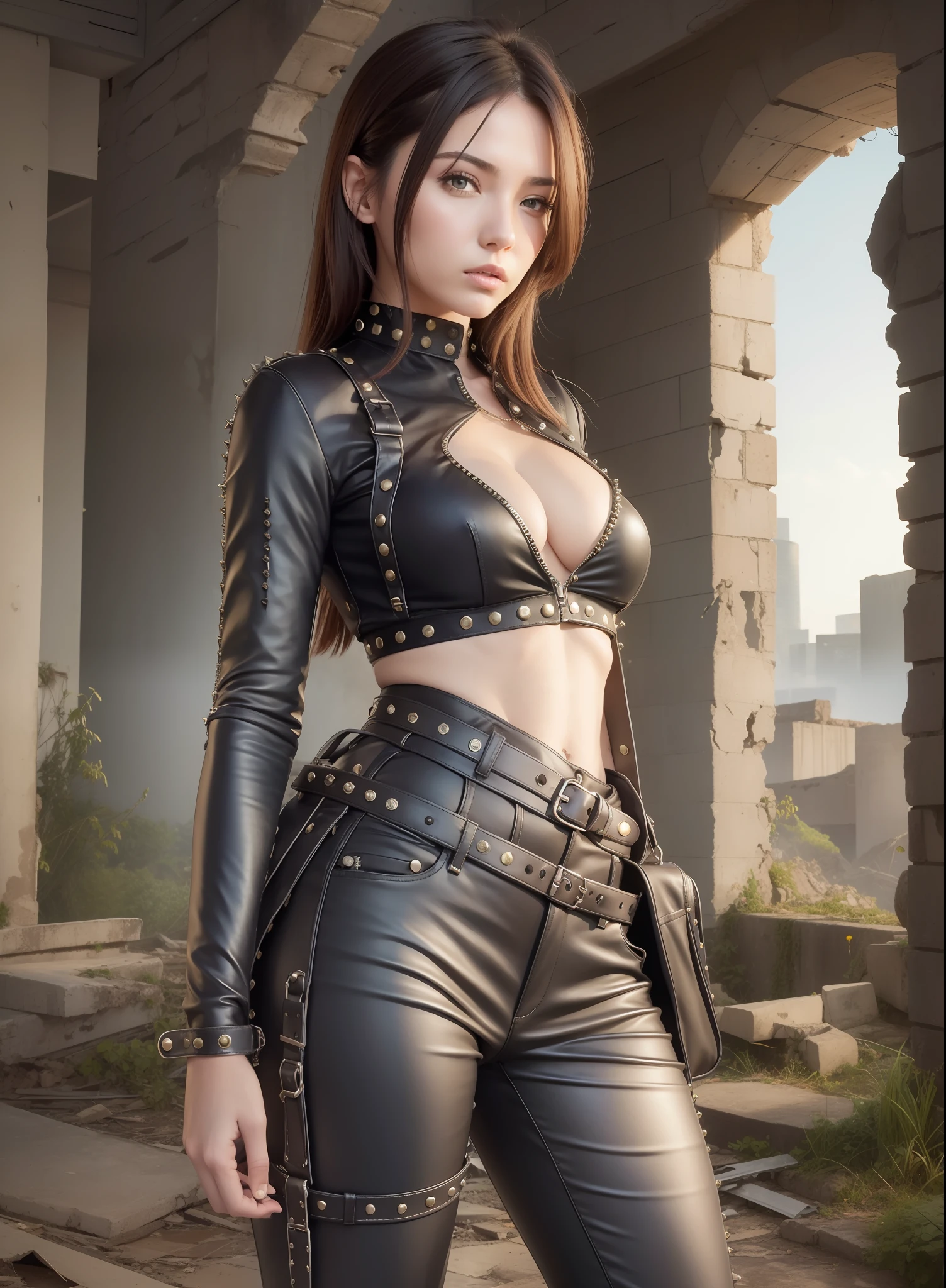 Medium-chested woman, trousers, rivets, holsters, in the ruins