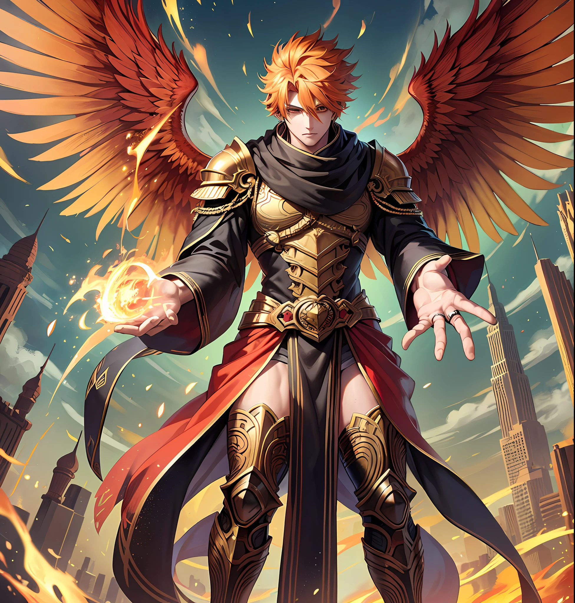 full body، دد
of a handsome male deity with a fiery aura and blazing red hunter eyes, sporting yellow hair and majestic fiery wings that show off his attractive face and