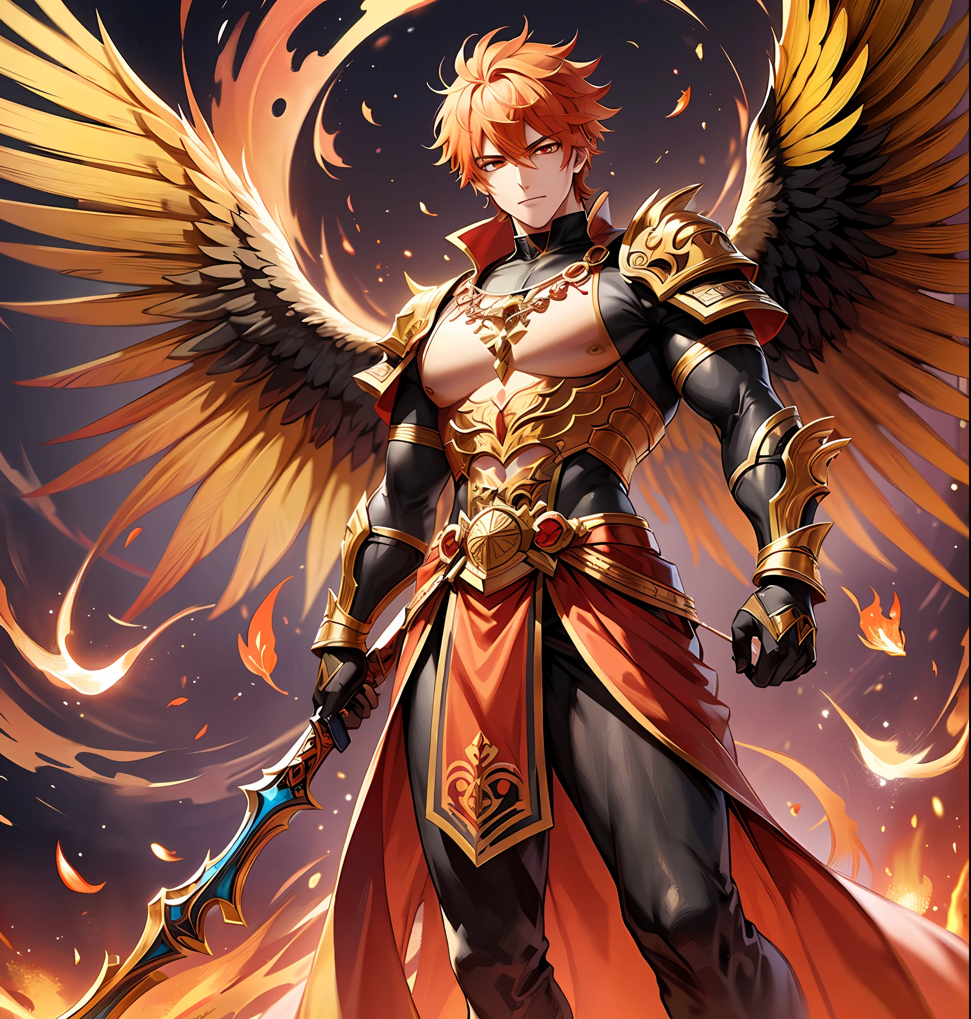 full body، دد
 of a handsome male deity with a fiery aura and blazing red hunter eyes, sporting yellow hair and majestic fiery wings that show off his attractive face and